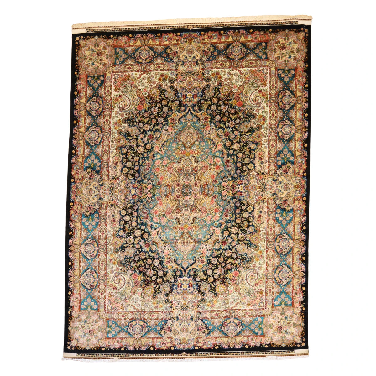 9'10" x 13'6" BLACK AND TEAL TABRIZ FLORAL PERSIAN RUG