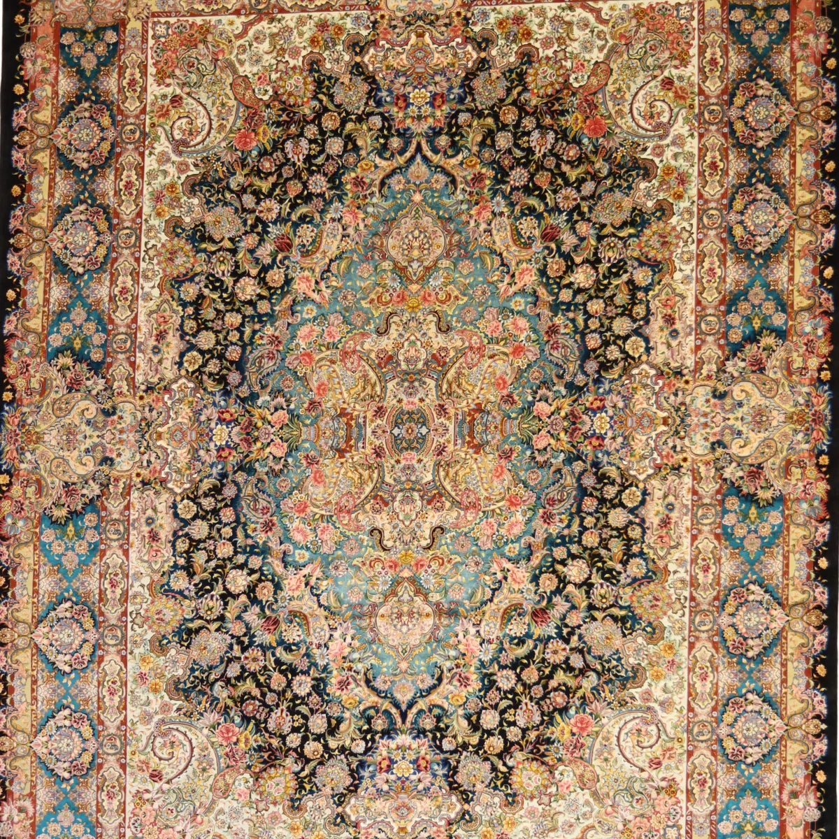 9'10" x 13'6" BLACK AND TEAL TABRIZ FLORAL PERSIAN RUG