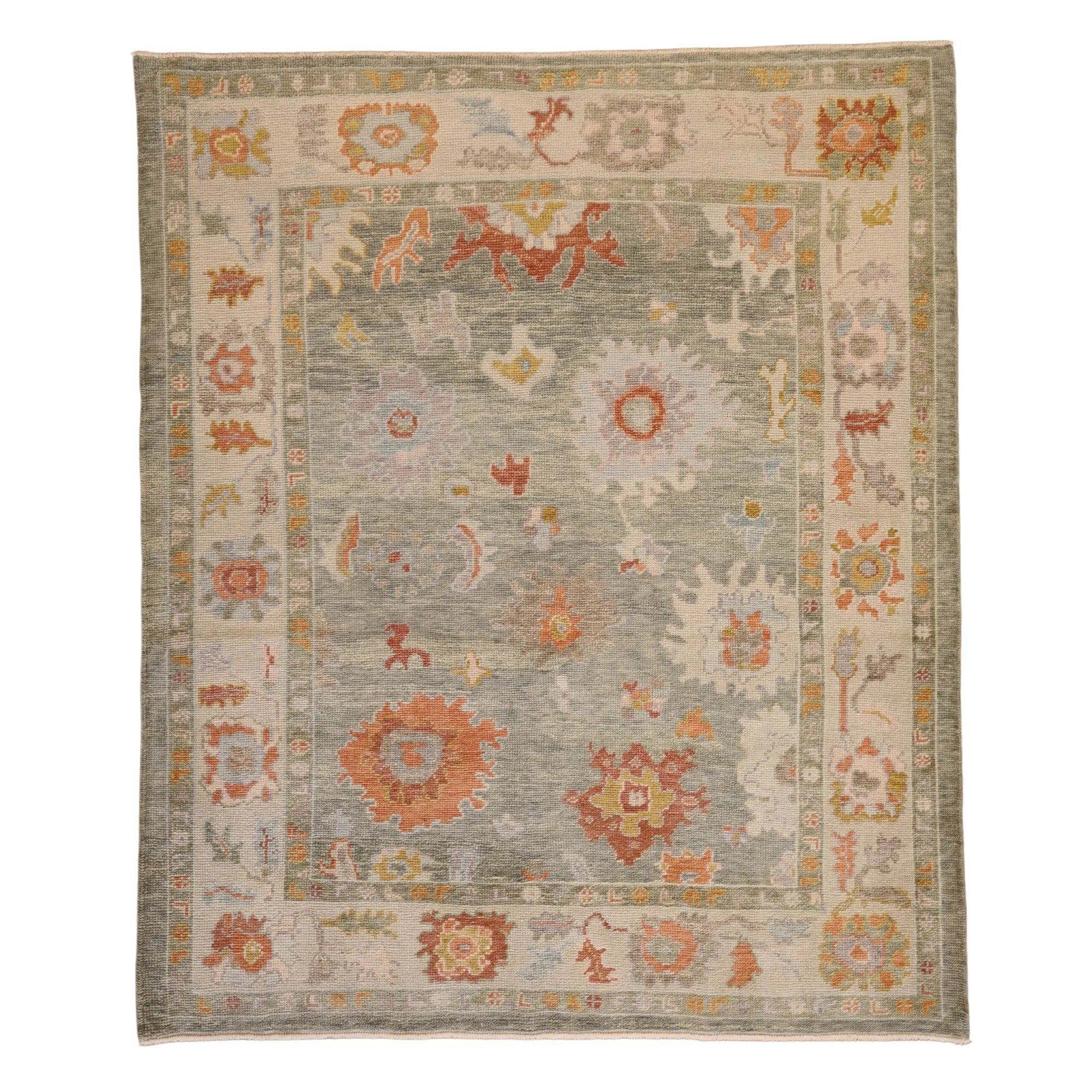 6' 0" x 7' 2" GREEN AND BEIGE OUSHAK GEOMETRIC TURKISH RUG