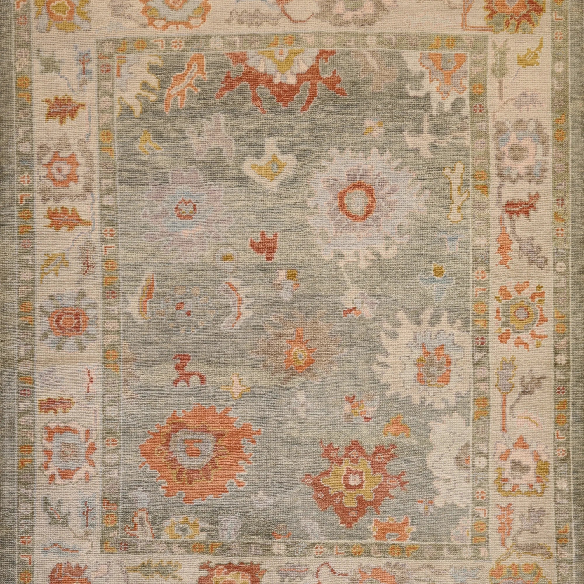 6' 0" x 7' 2" GREEN AND BEIGE OUSHAK GEOMETRIC TURKISH RUG