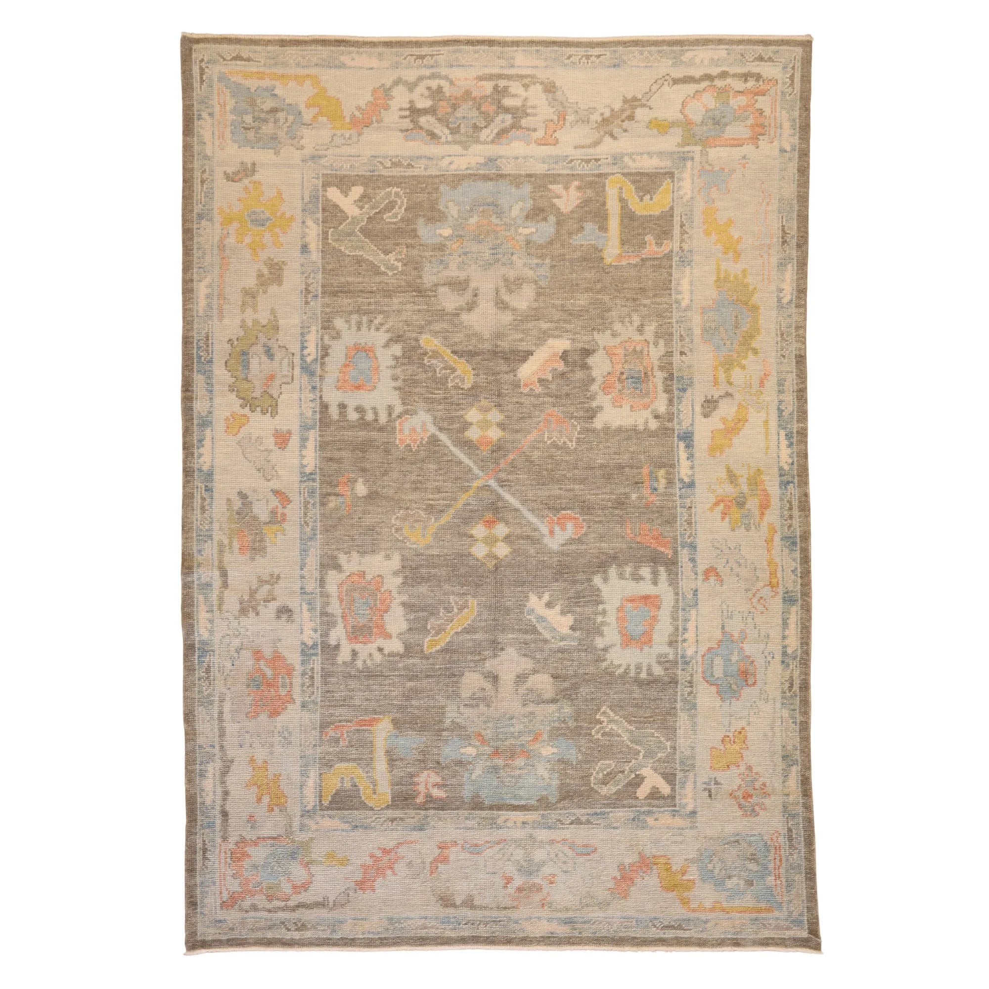 5' 11" x 8' 7" GRAY AND BLUE OUSHAK GEOMETRIC TURKISH RUG