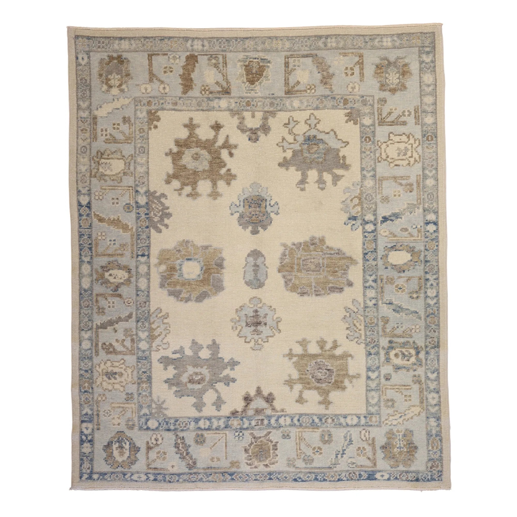 5' 2" x 6' 4" BEIGE AND BLUE OUSHAK GEOMETRIC TURKISH RUG