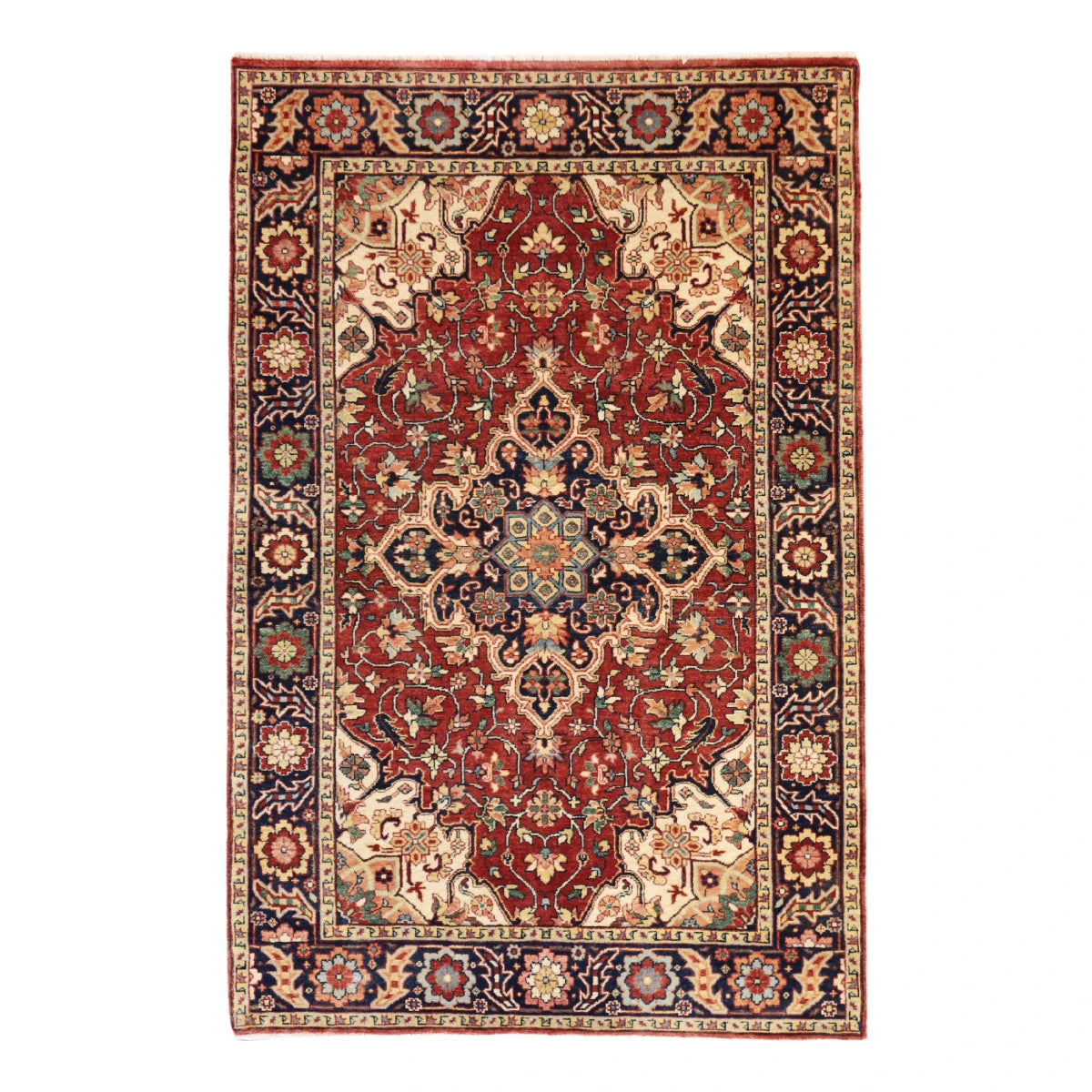 3'11" x 6'0" RED AND NAVY SERAPI GEOMETRIC INDIAN RUG