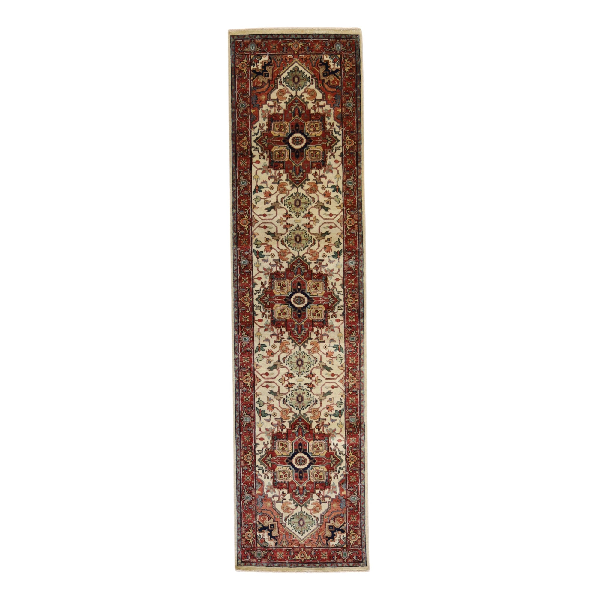 2'7" x 10'3" BEIGE AND RED SERAPI GEOMETRIC INDIAN RUG