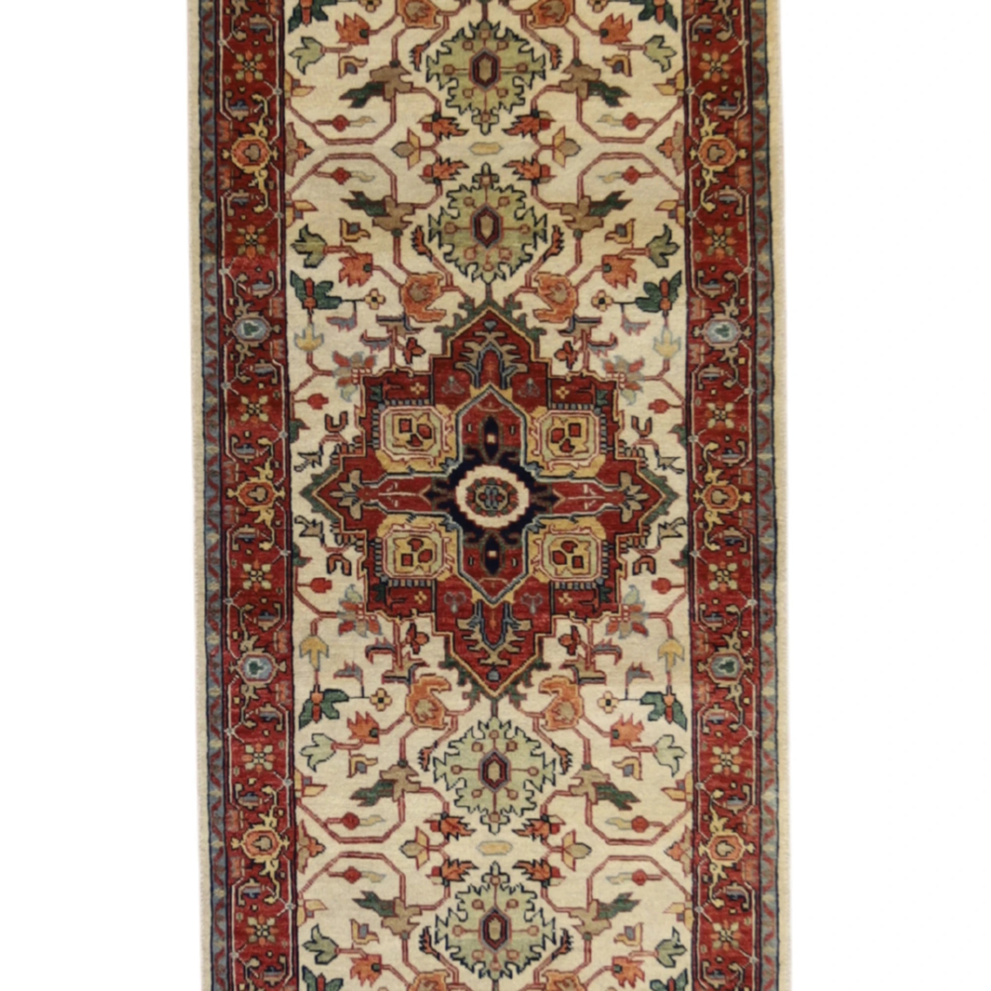 2'7" x 10'3" BEIGE AND RED SERAPI GEOMETRIC INDIAN RUG