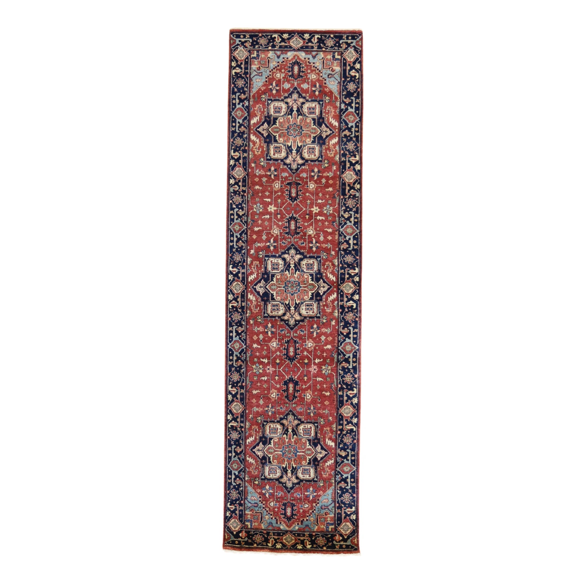 2'8" x 10'2" RED AND NAVY SERAPI GEOMETRIC INDIAN RUG