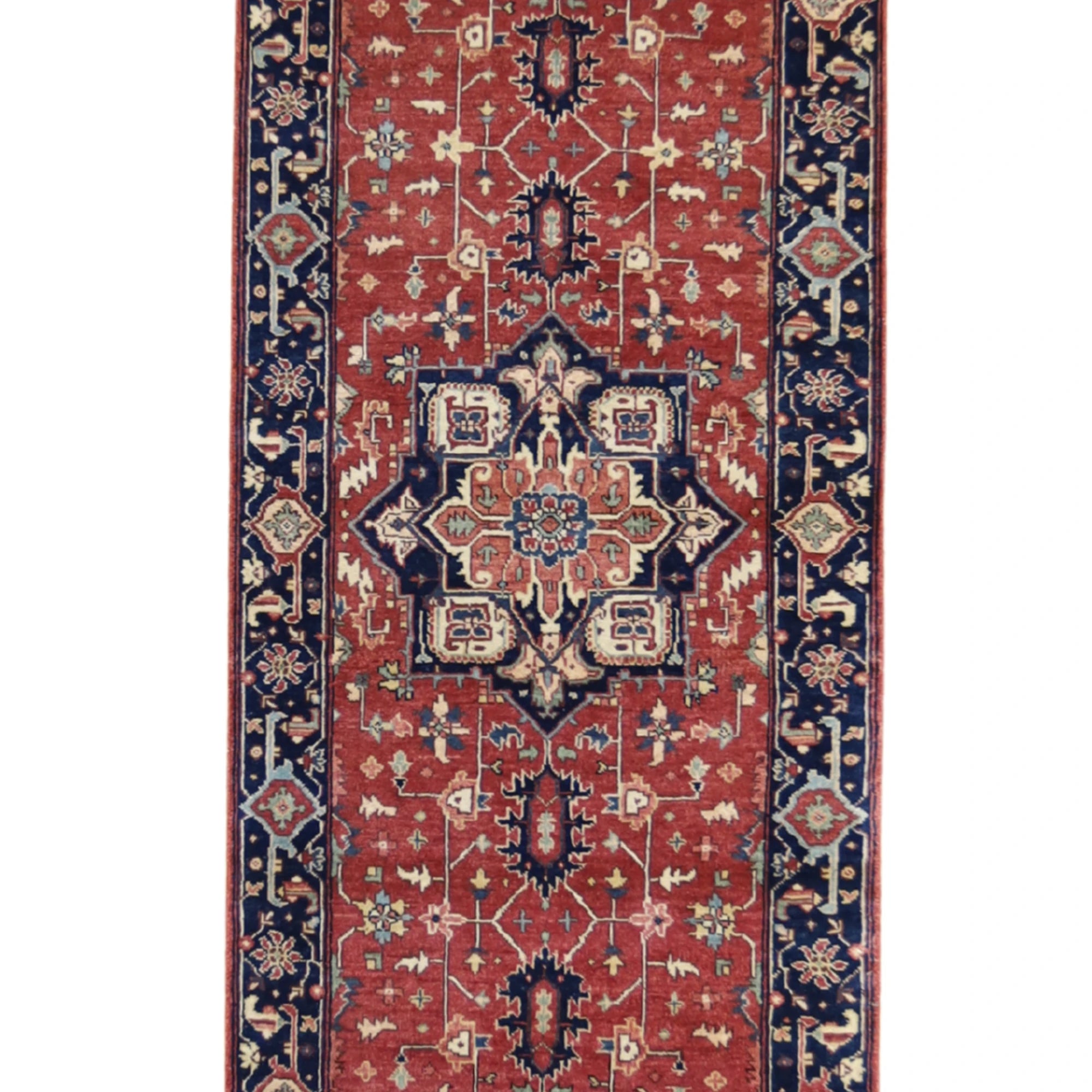 2'8" x 10'2" RED AND NAVY SERAPI GEOMETRIC INDIAN RUG