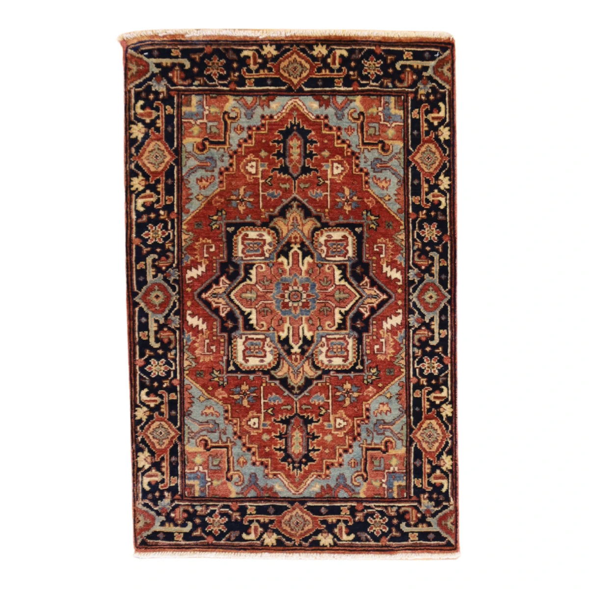 2'0" x 3'0" RUST AND NAVY SERAPI GEOMETRIC INDIAN RUG
