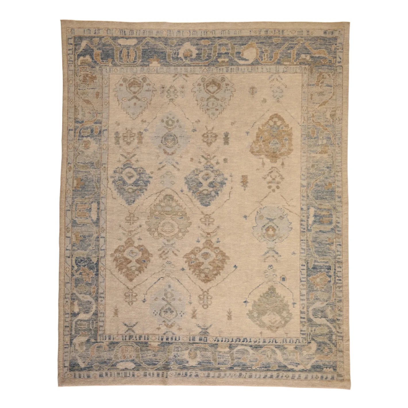 8'0" x 10'2" BEIGE AND BLUE OUSHAK TURKISH GEOMETRIC RUG