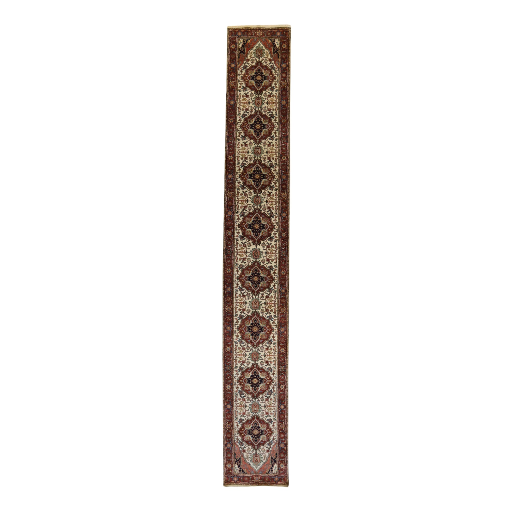 2'7" x 18'0" BEIGE AND RUST SERAPI GEOMETRIC INDIAN RUG