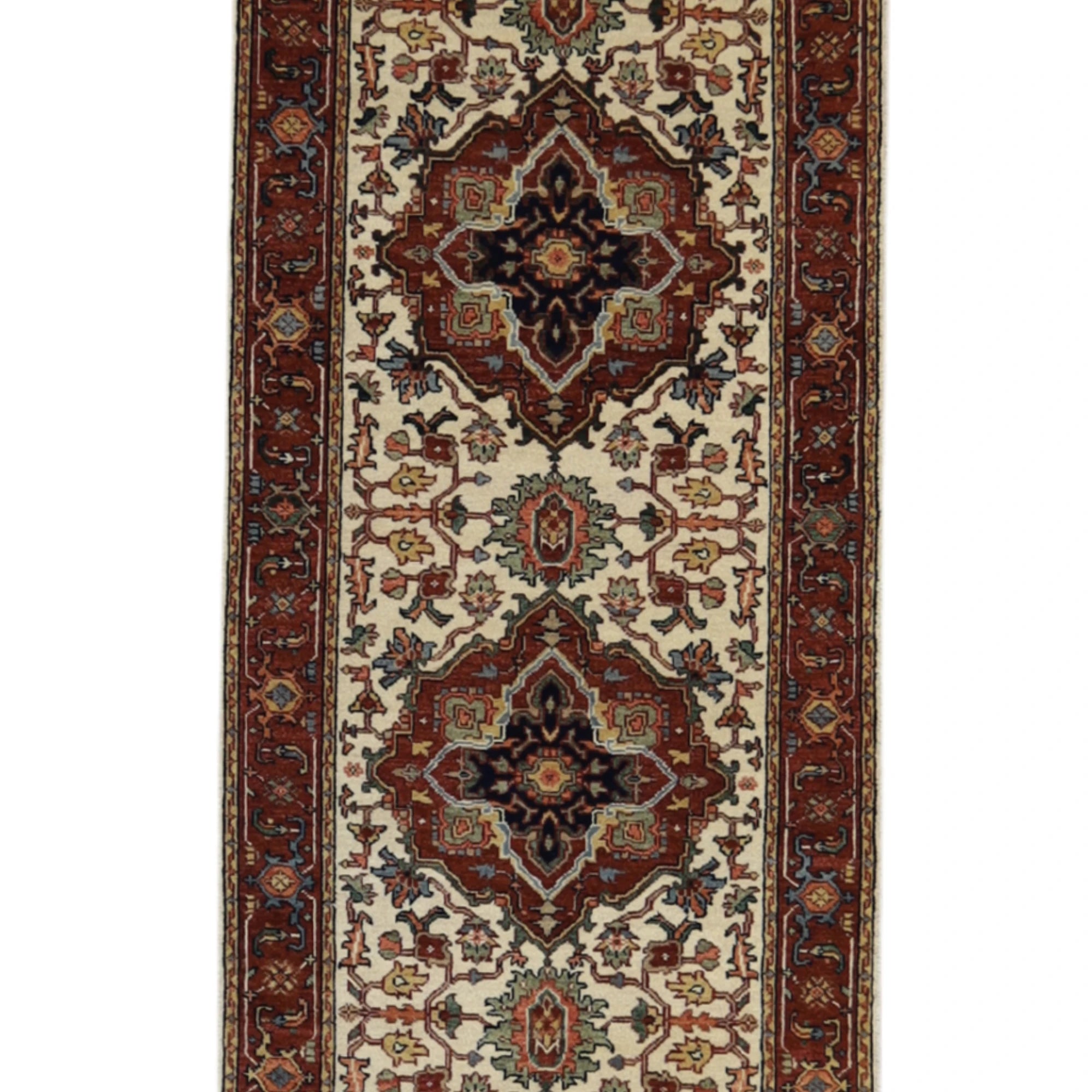 2'7" x 18'0" BEIGE AND RUST SERAPI GEOMETRIC INDIAN RUG