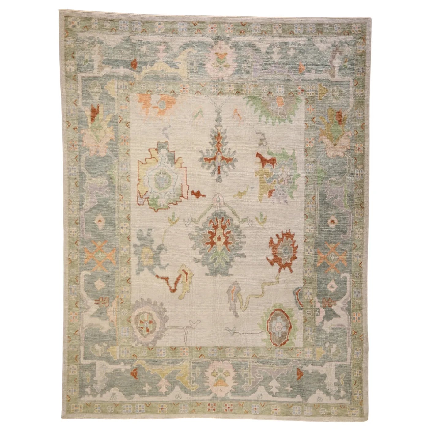 8'3" x 10'10" BEIGE AND GREEN OUSHAK TURKISH GEOMETRIC RUG