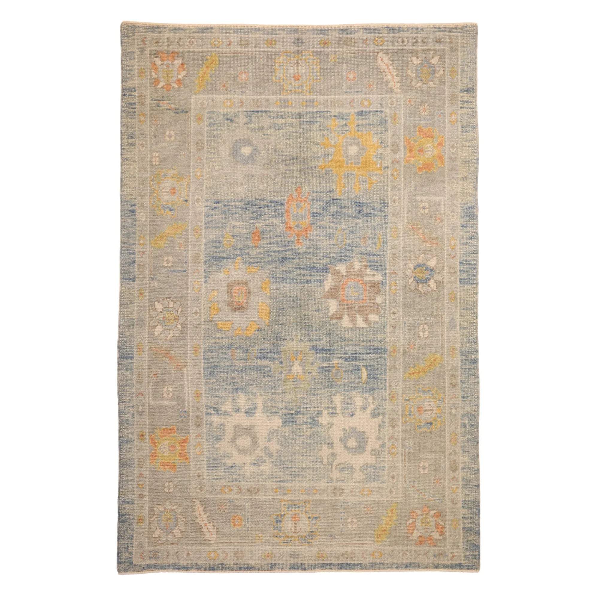 4' 10" x 7' 5" BLUE AND GRAY OUSHAK GEOMETRIC TURKISH RUG