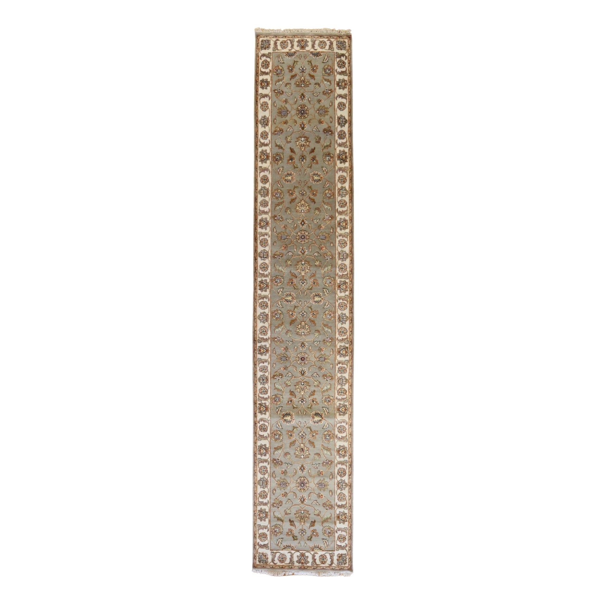 2'6" x 13'10" GREEN AND IVORY JAIPUR FLORAL INDIAN RUG