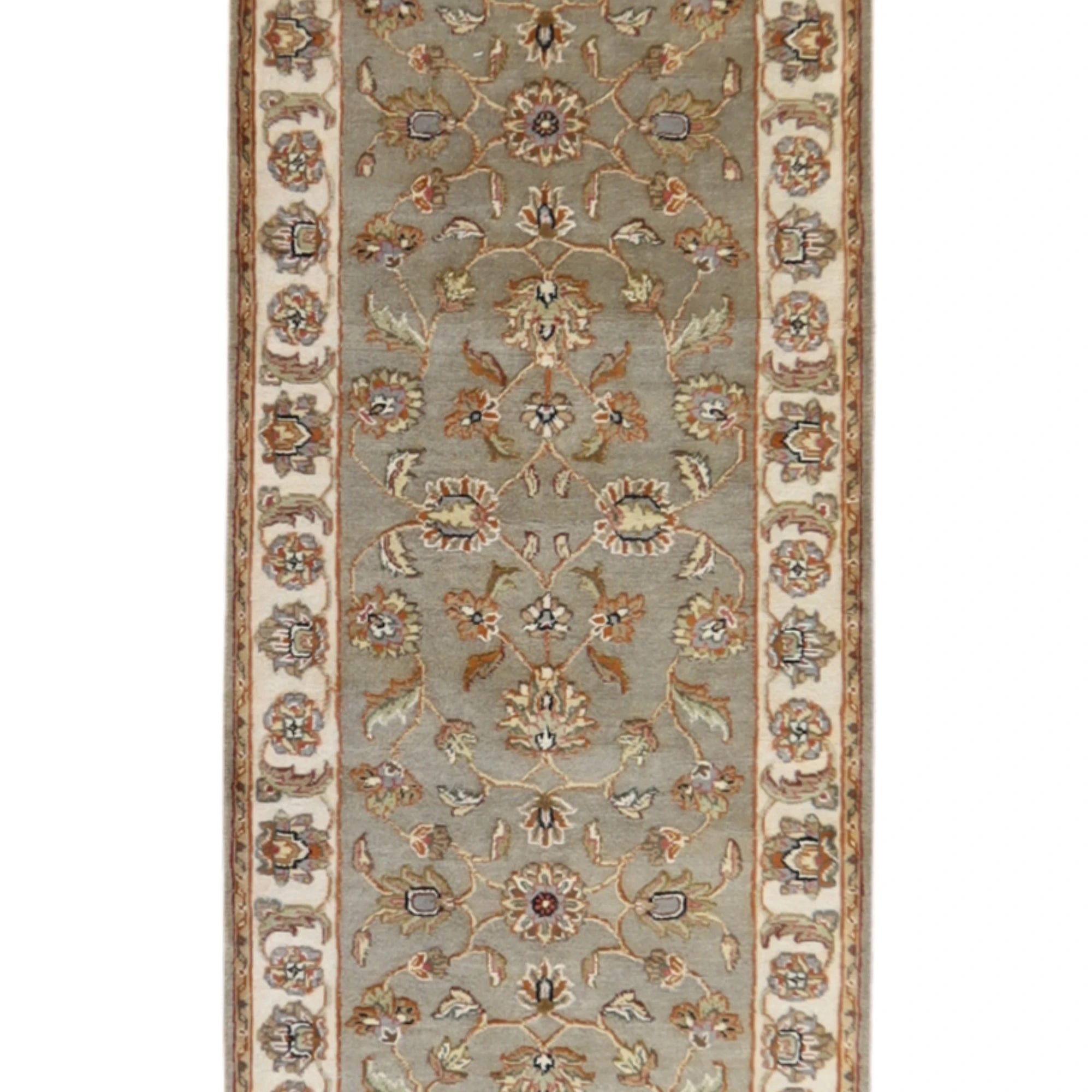 2'6" x 13'10" GREEN AND IVORY JAIPUR FLORAL INDIAN RUG