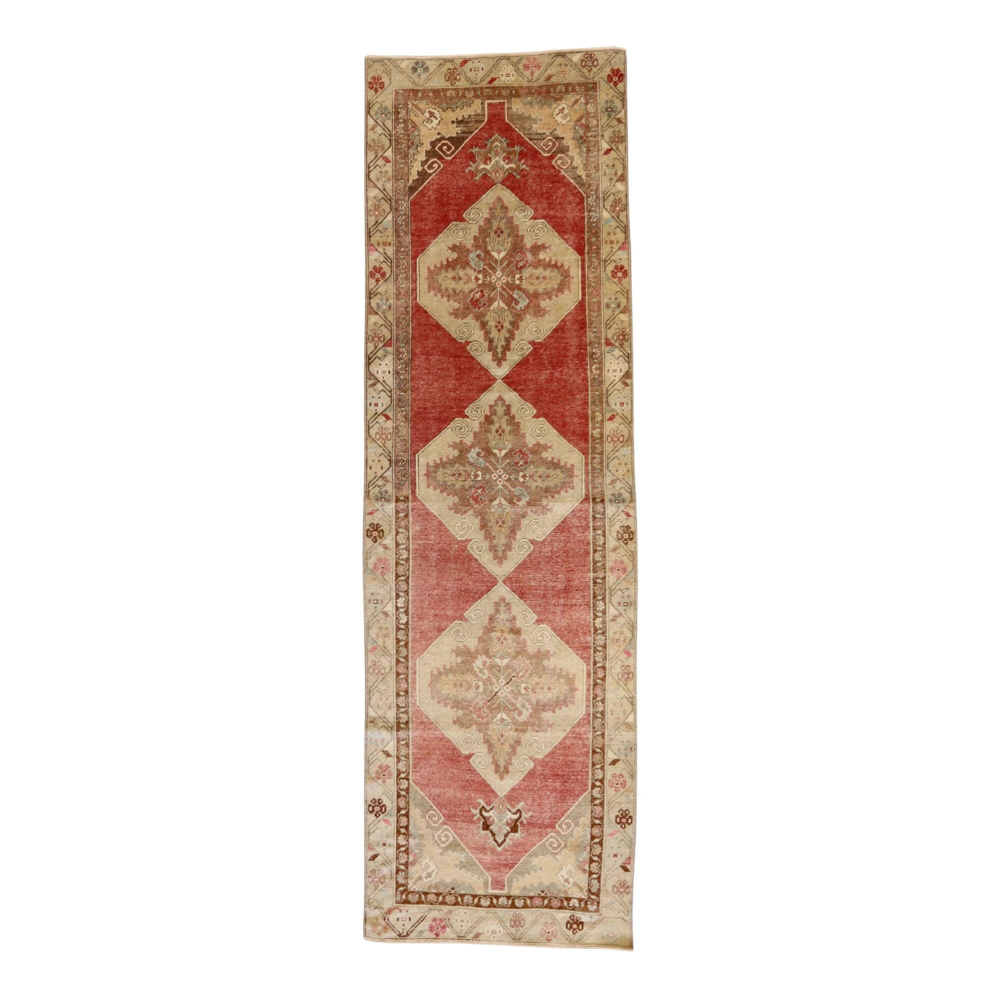 3'4" x 11'3" RED AND BEIGE ANATOLIA GEOMETRIC TURKISH RUG