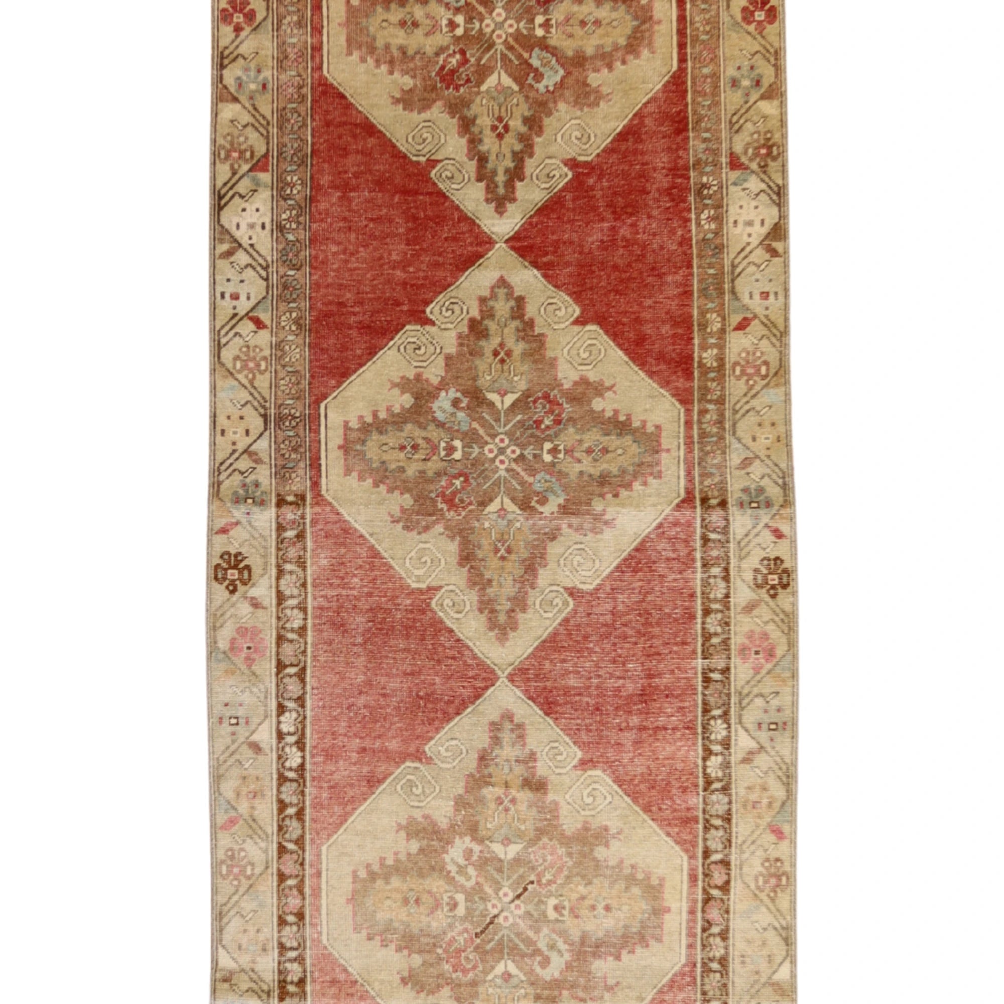 3'4" x 11'3" RED AND BEIGE ANATOLIA GEOMETRIC TURKISH RUG