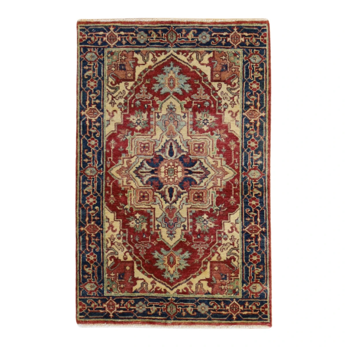 2'1" x 3'2" RED AND BLUE SERAPI GEOMETRIC INDIAN RUG