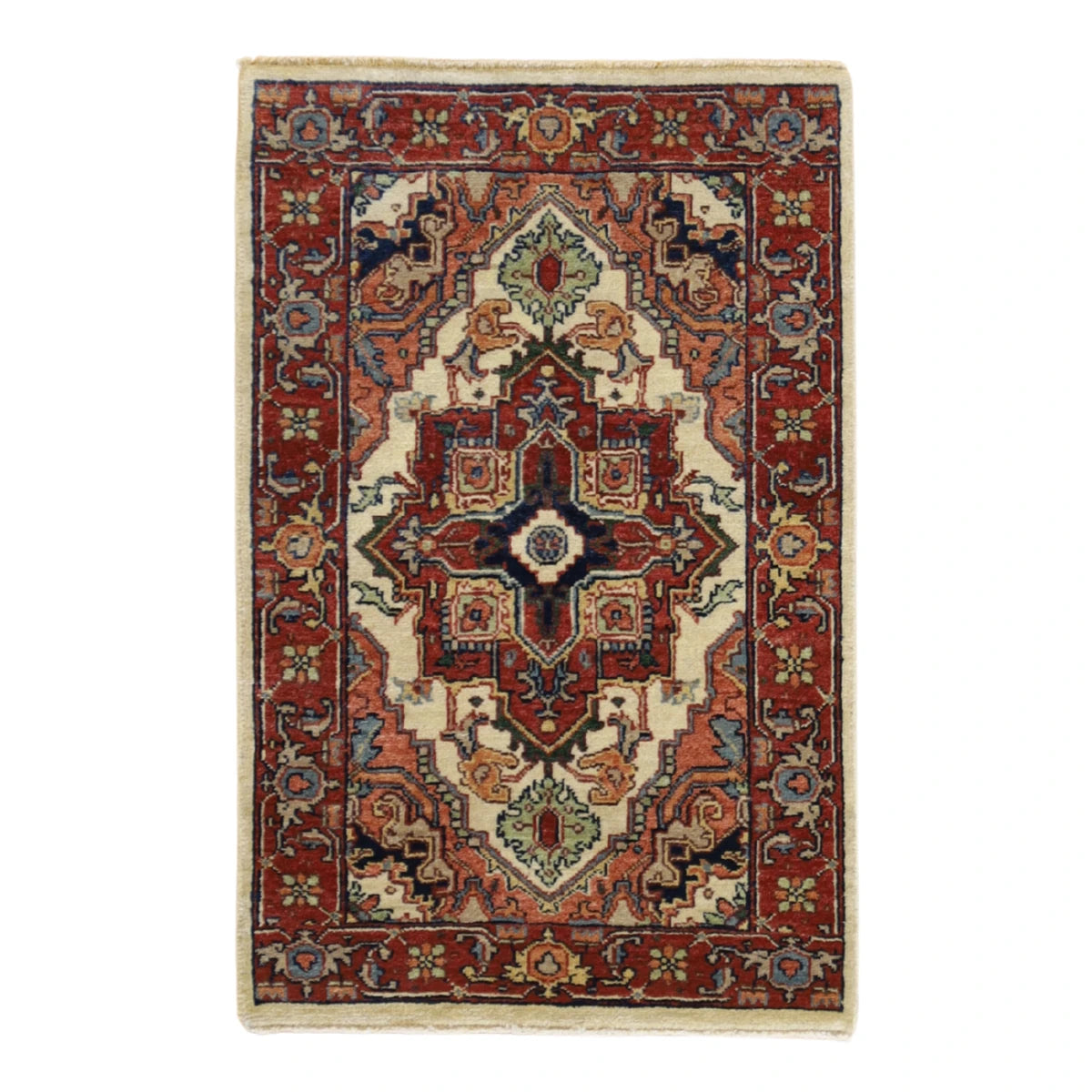 2'0" x 3'1" BEIGE AND RED SERAPI GEOMETRIC INDIAN RUG
