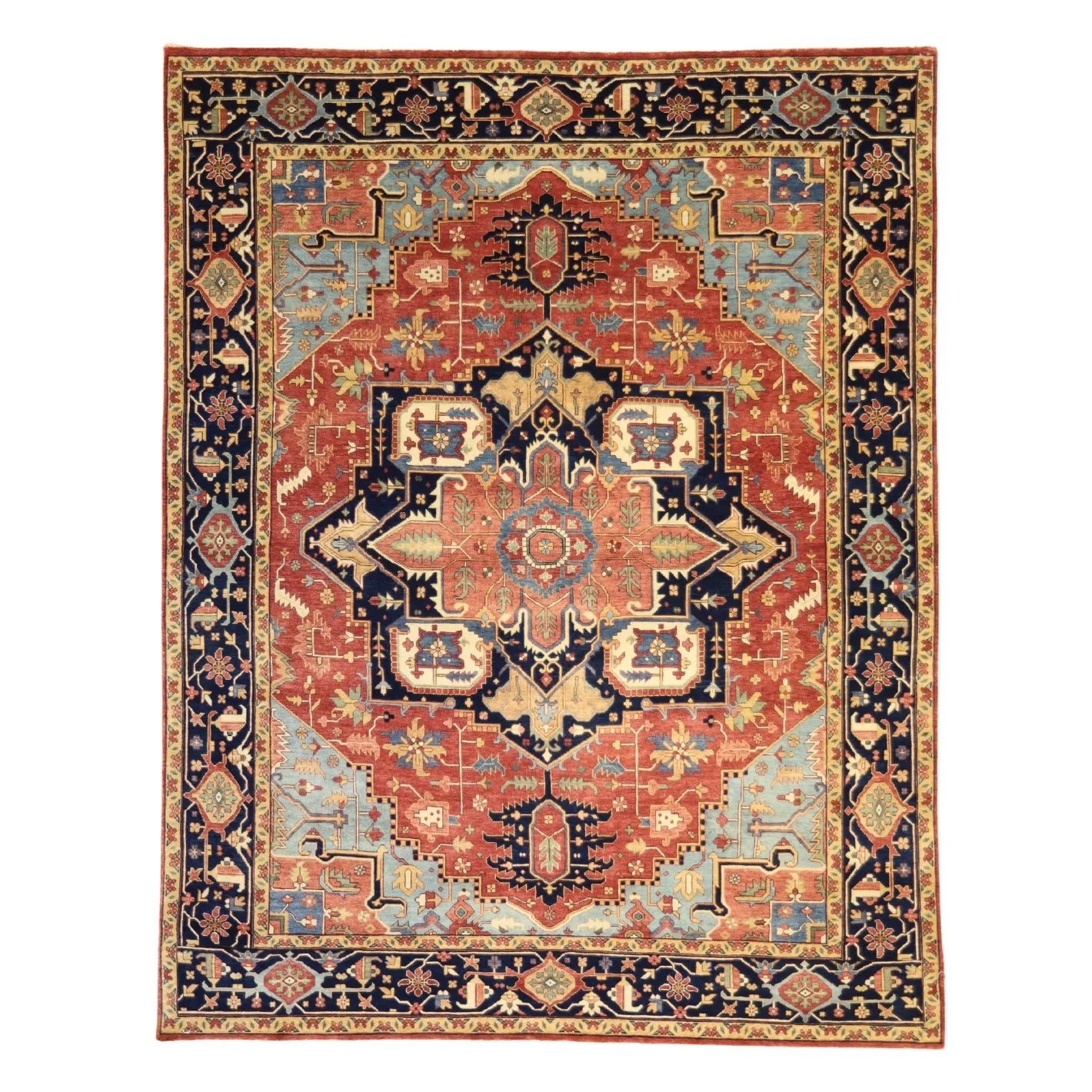 8'0" x 10'2" RED AND NAVY SERAPI INDIAN GEOMETRIC RUG