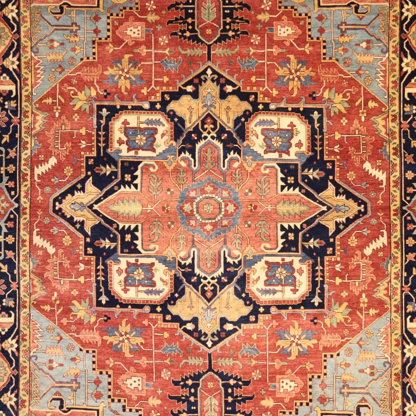 8'0" x 10'2" RED AND NAVY SERAPI INDIAN GEOMETRIC RUG