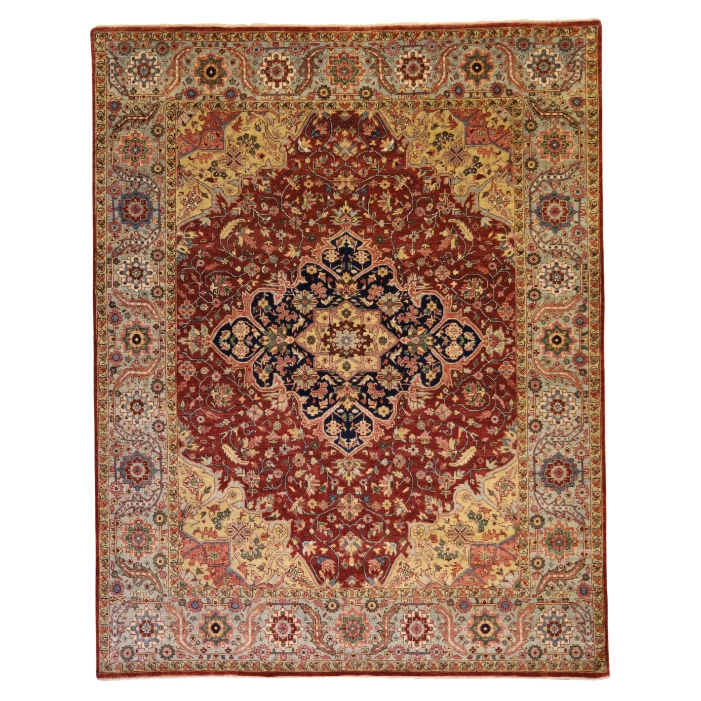 7'11" x 10'1" RED AND GREEN SERAPI INDIAN GEOMETRIC RUG
