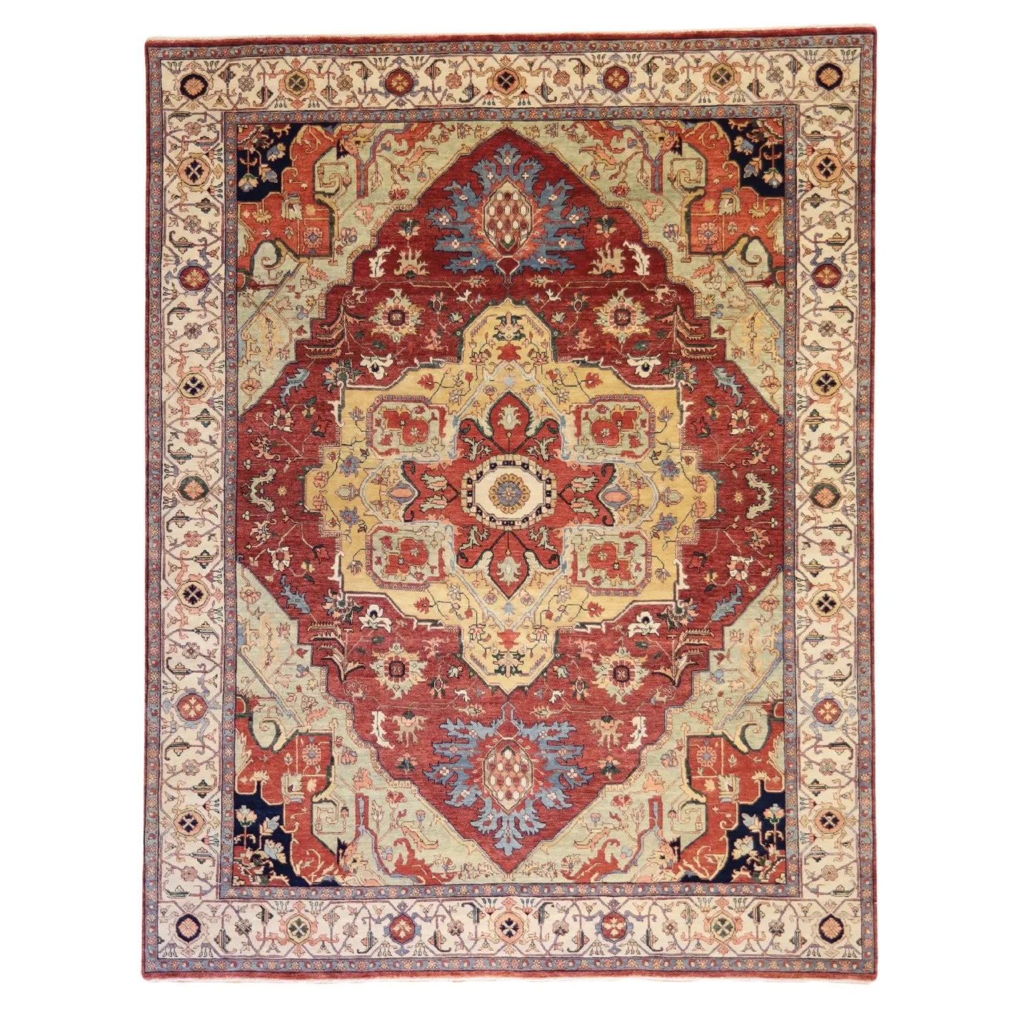 8'0" x 10'3" RED AND BEIGE SERAPI INDIAN GEOMETRIC RUG