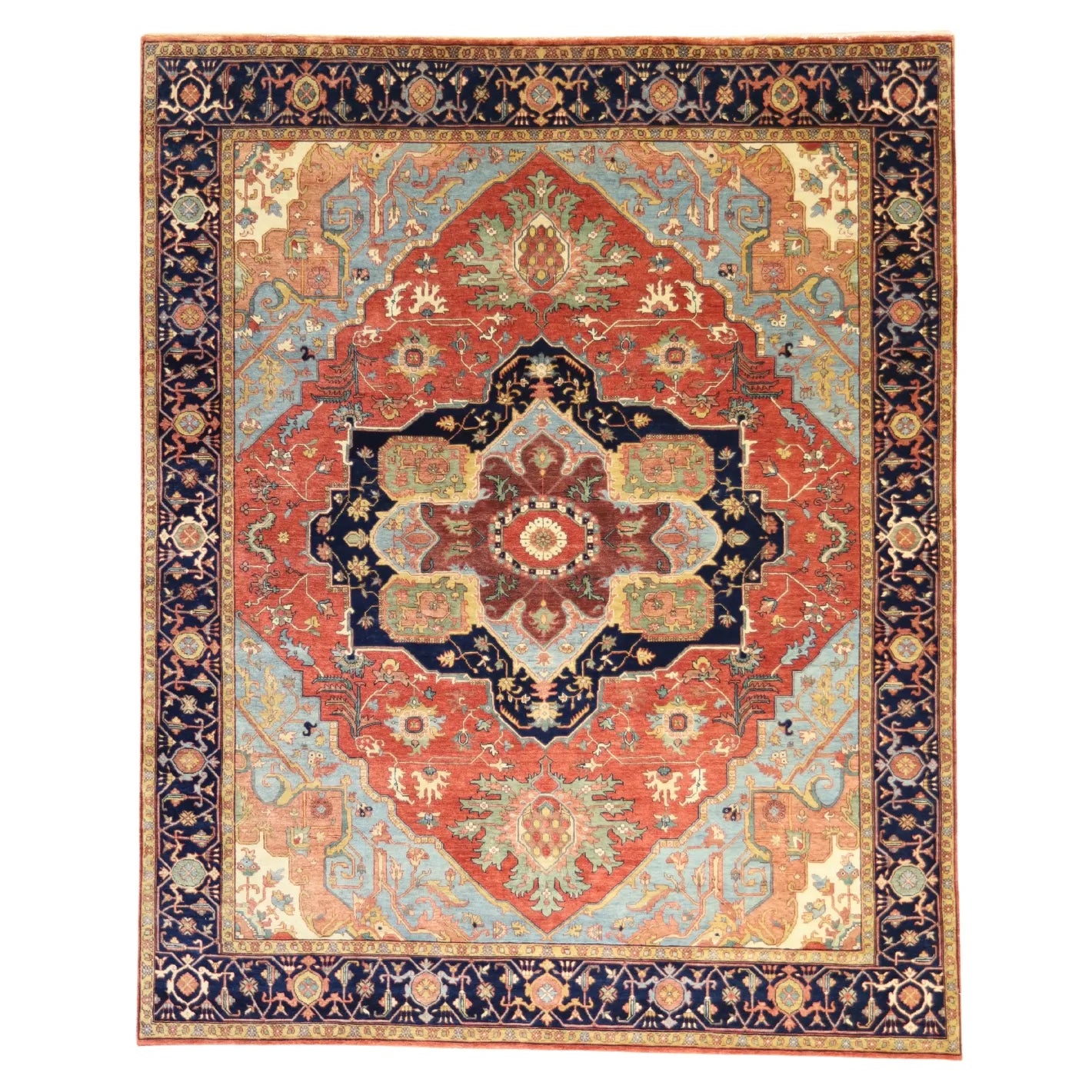 8'1" x 10'0" RED AND NAVY SERAPI INDIAN GEOMETRIC RUG