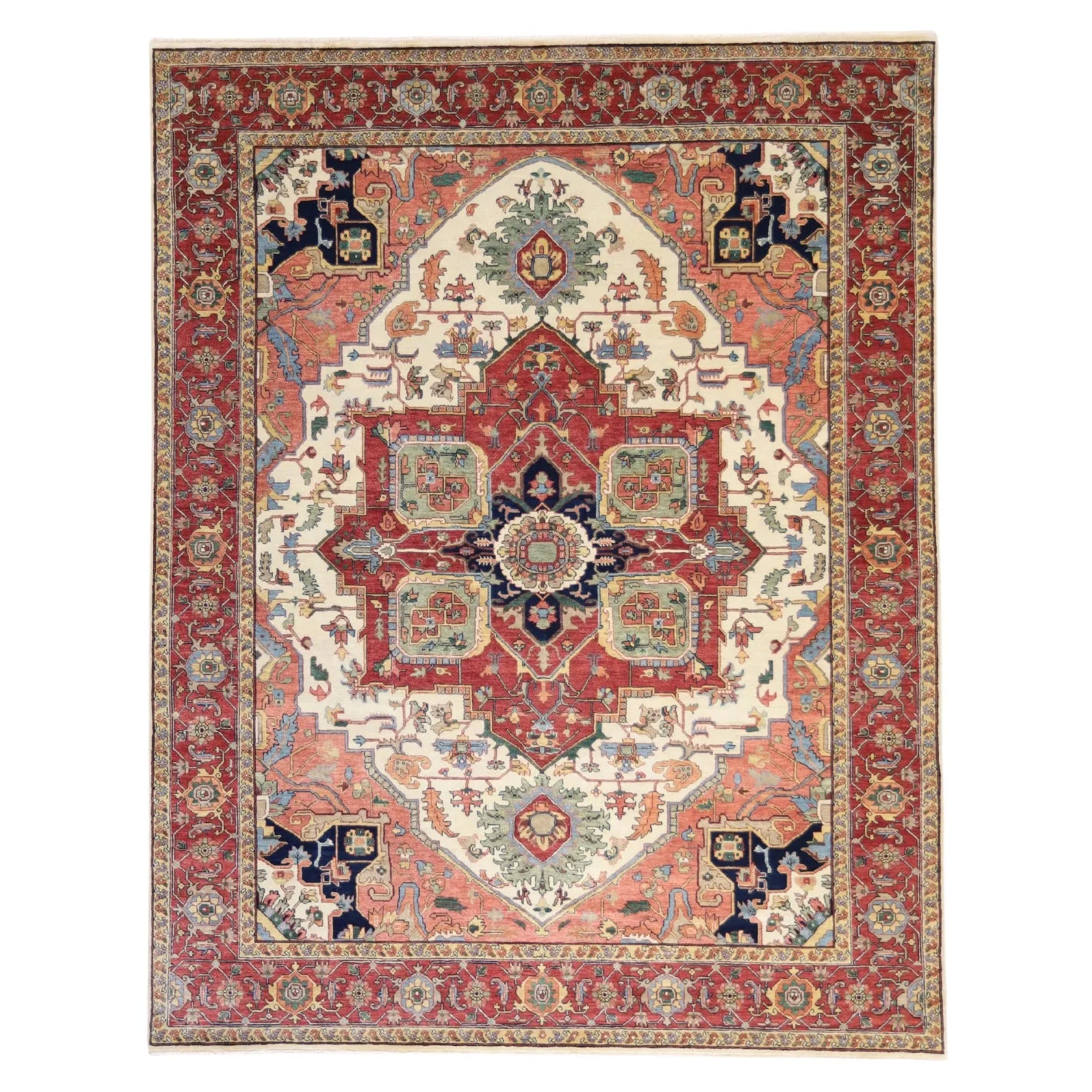 8'1" x 10'3" BEIGE AND RED SERAPI INDIAN GEOMETRIC RUG