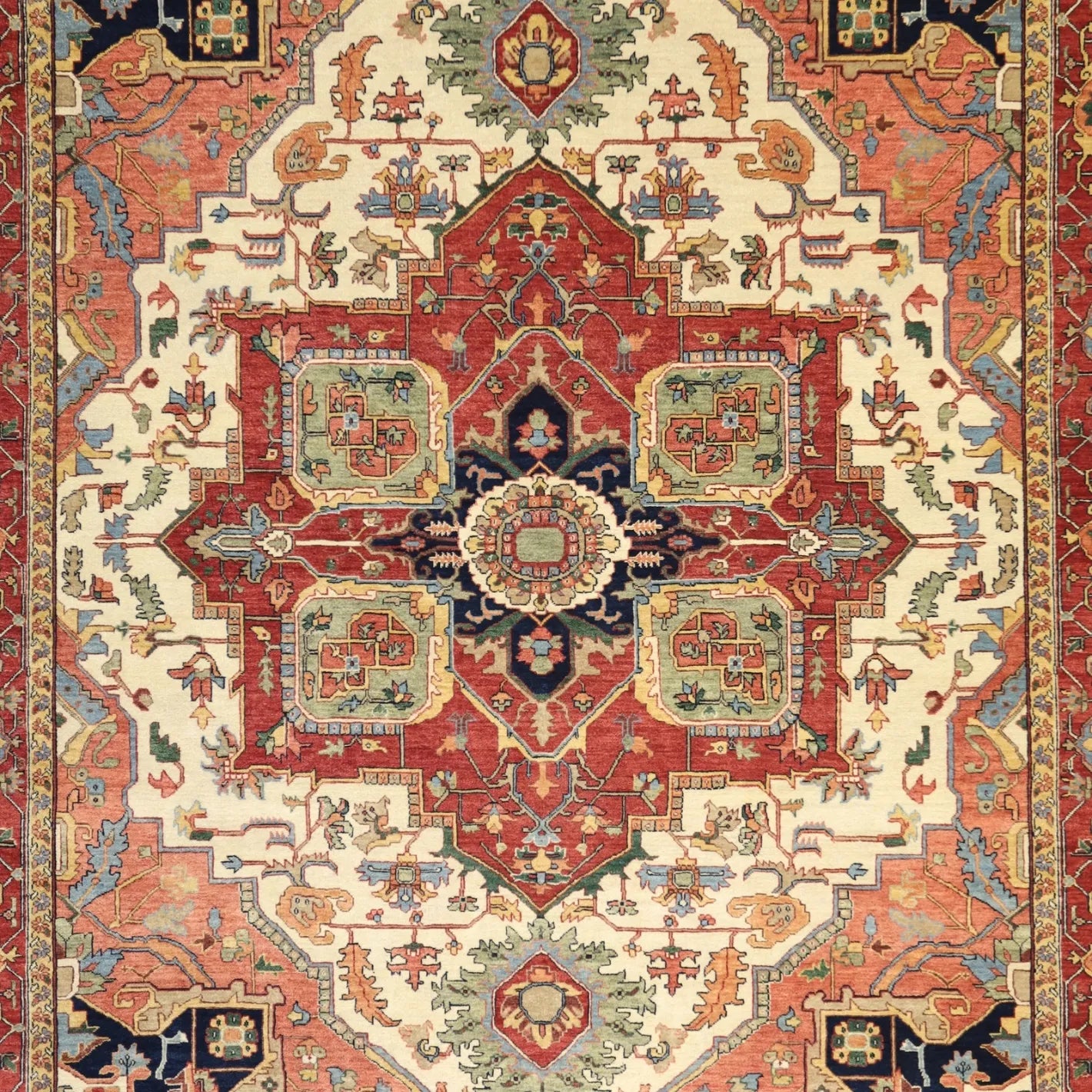 8'1" x 10'3" BEIGE AND RED SERAPI INDIAN GEOMETRIC RUG