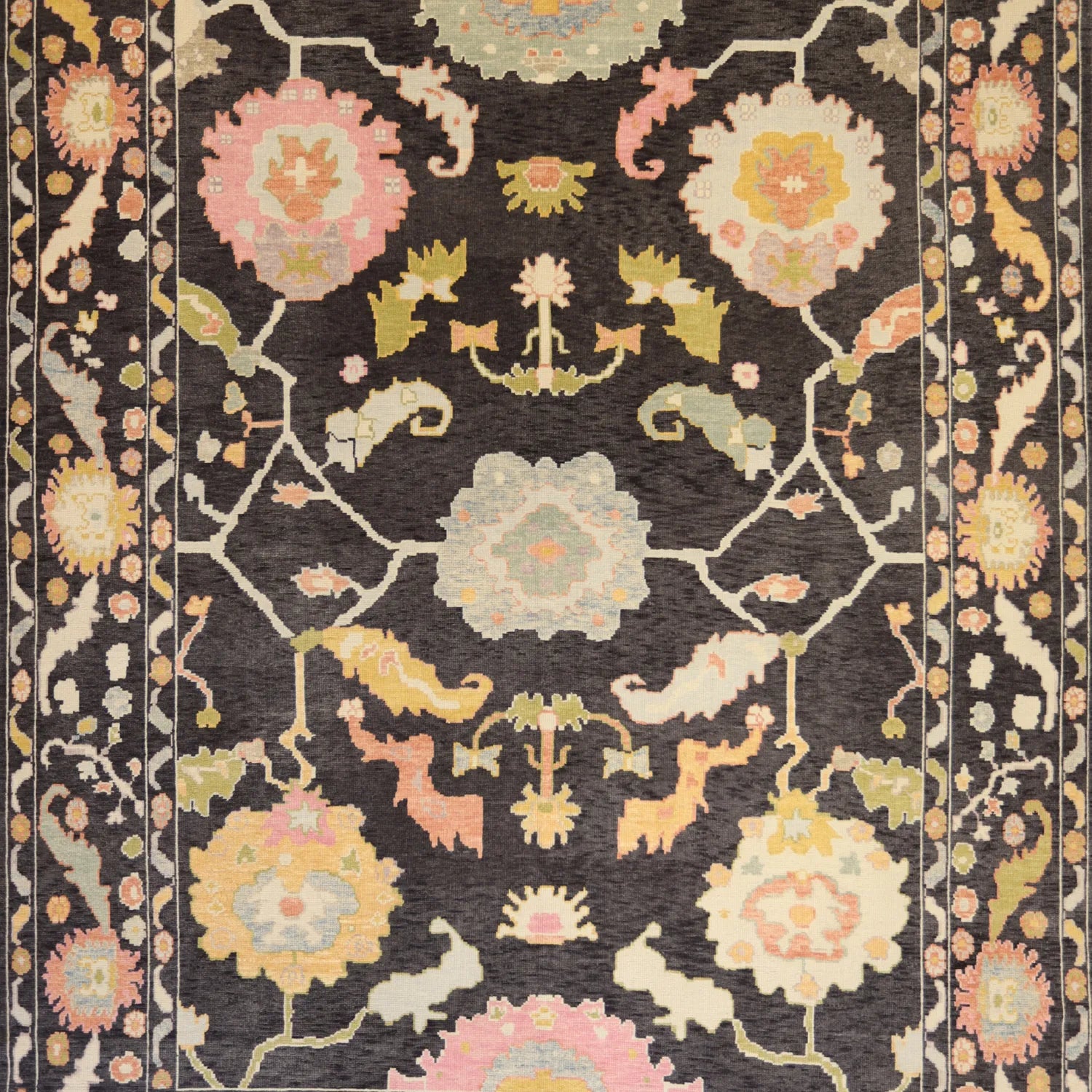 10'   4" x  14'   0" CHARCOAL AND CHARCOAL OUSHAK GEOMETRIC TURKISH RUG