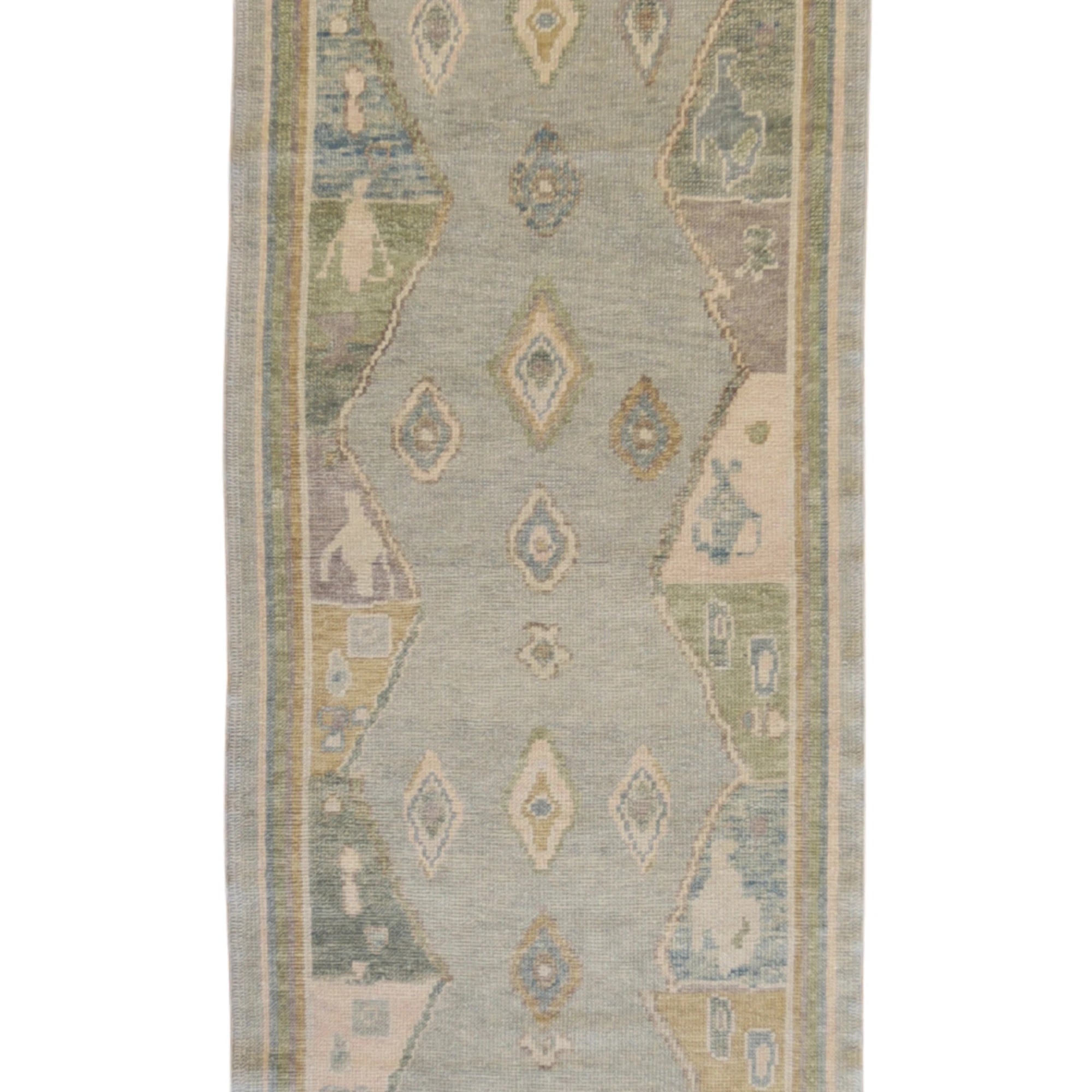 3'0" x 9'8" BLUE AND BEIGE OUSHAK GEOMETRIC TURKISH RUG