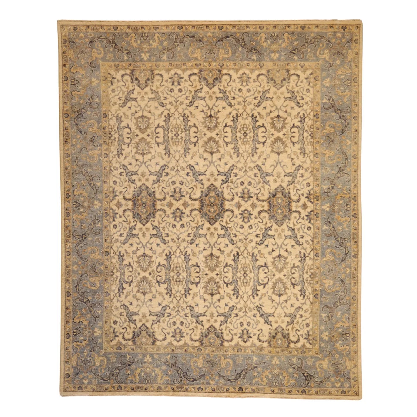 8'0" x 10'0" IVORY AND BLUE PESHAWAR PAKISTANI FLORAL RUG
