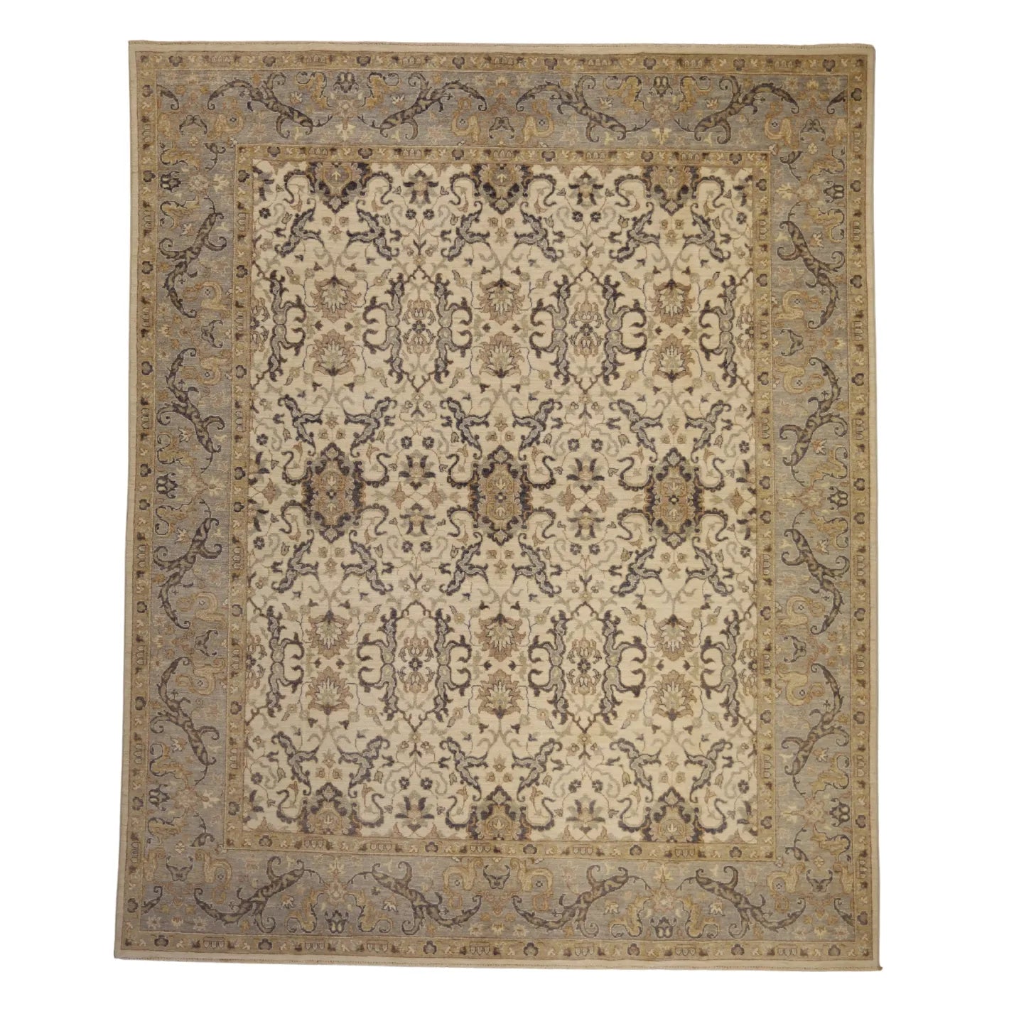 8'0" x 9'10" IVORY AND BLUE PESHAWAR PAKISTANI GEOMETRIC RUG