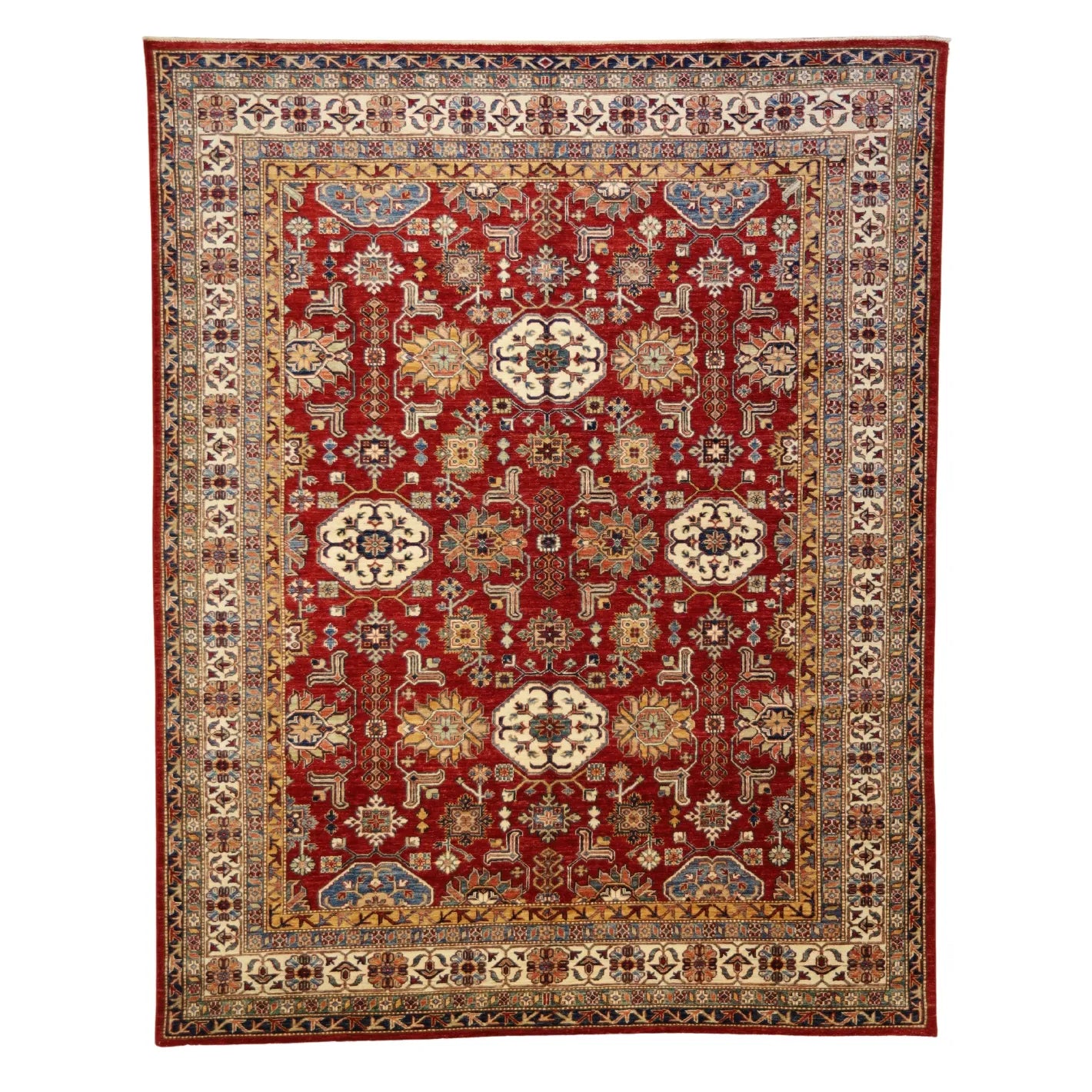 8'2" x 10'4" RED AND IVORY KAZAK PAKISTANI GEOMETRIC RUG