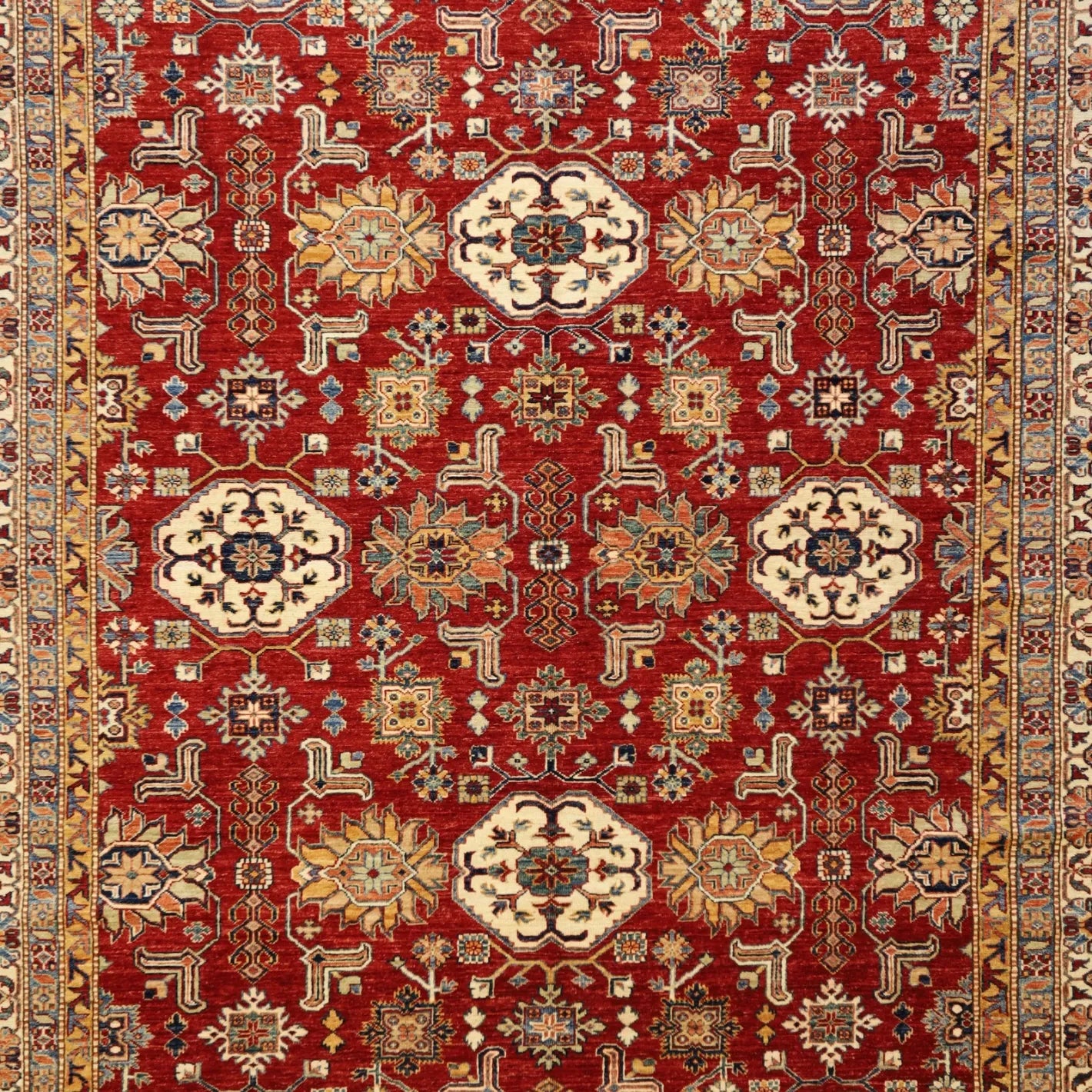 8'2" x 10'4" RED AND IVORY KAZAK PAKISTANI GEOMETRIC RUG