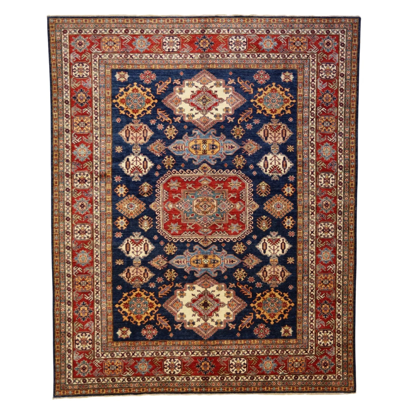 8'1" x 9'11" NAVY AND RED KAZAK PAKISTANI GEOMETRIC RUG