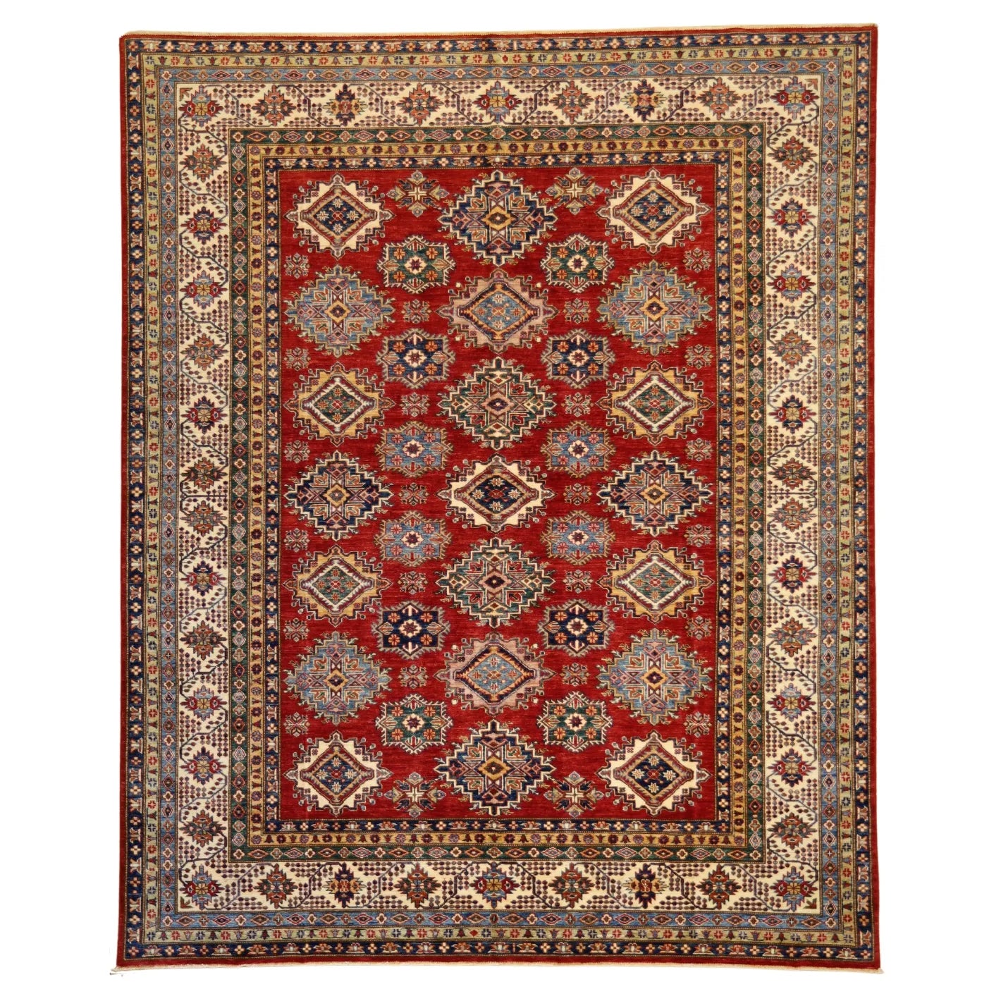 8'2" x 9'11" RED AND IVORY KAZAK PAKISTANI GEOMETRIC RUG