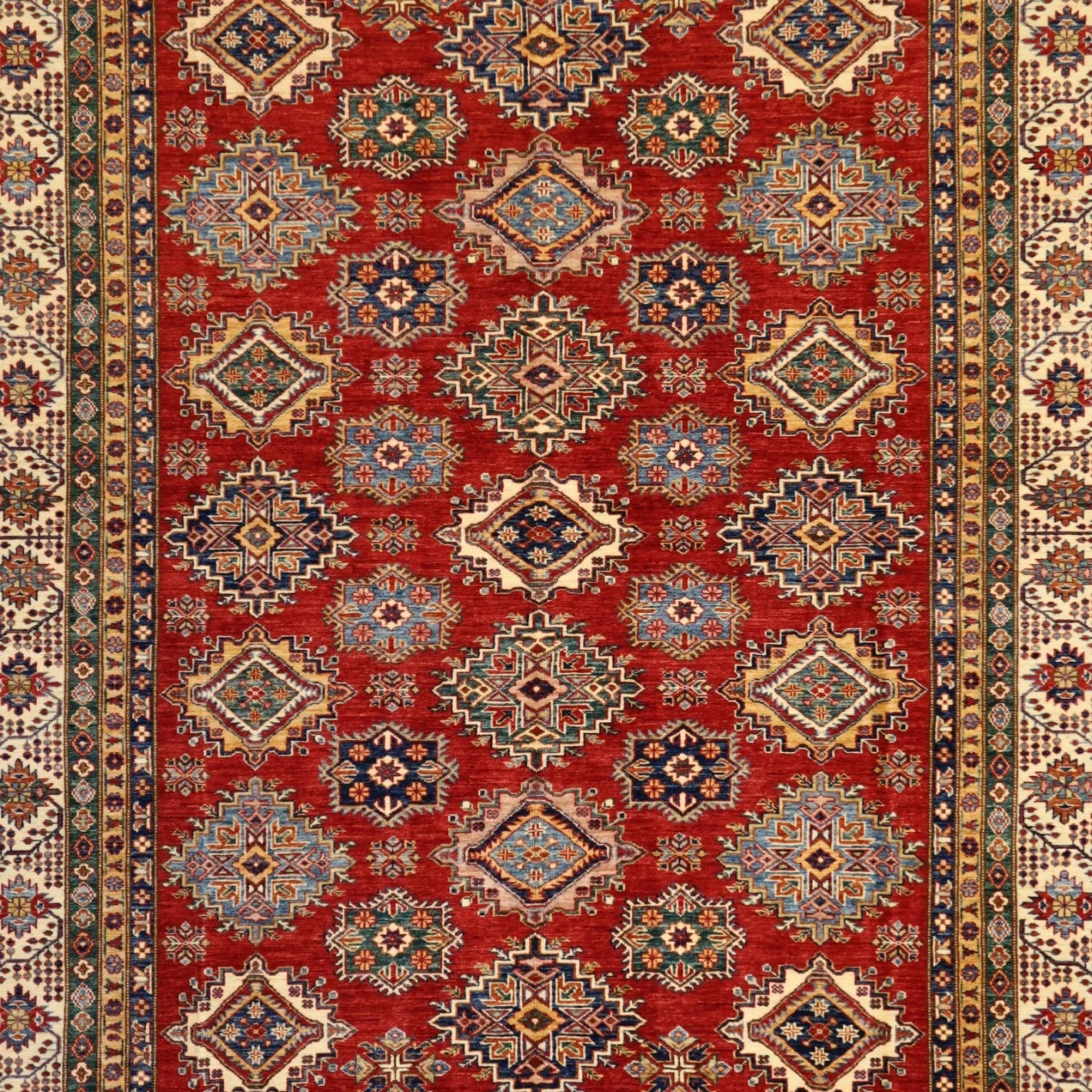 8'2" x 9'11" RED AND IVORY KAZAK PAKISTANI GEOMETRIC RUG