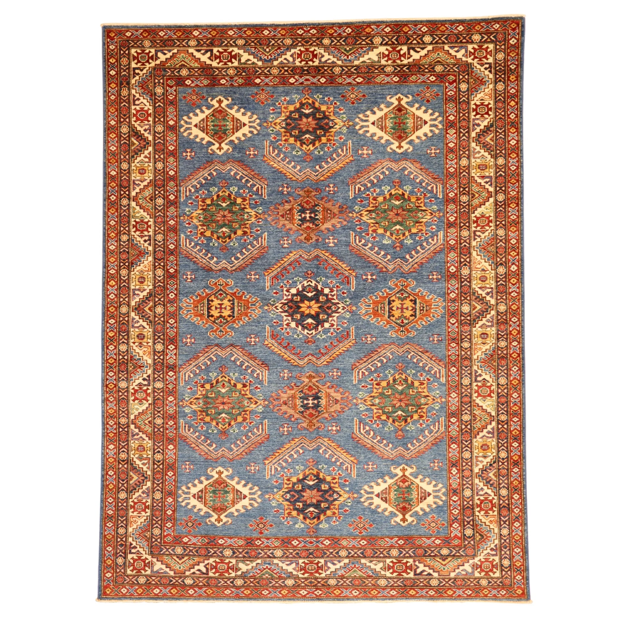 5' 11" x 8' 0" BLUE AND IVORY KAZAK GEOMETRIC PAKISTANI RUG