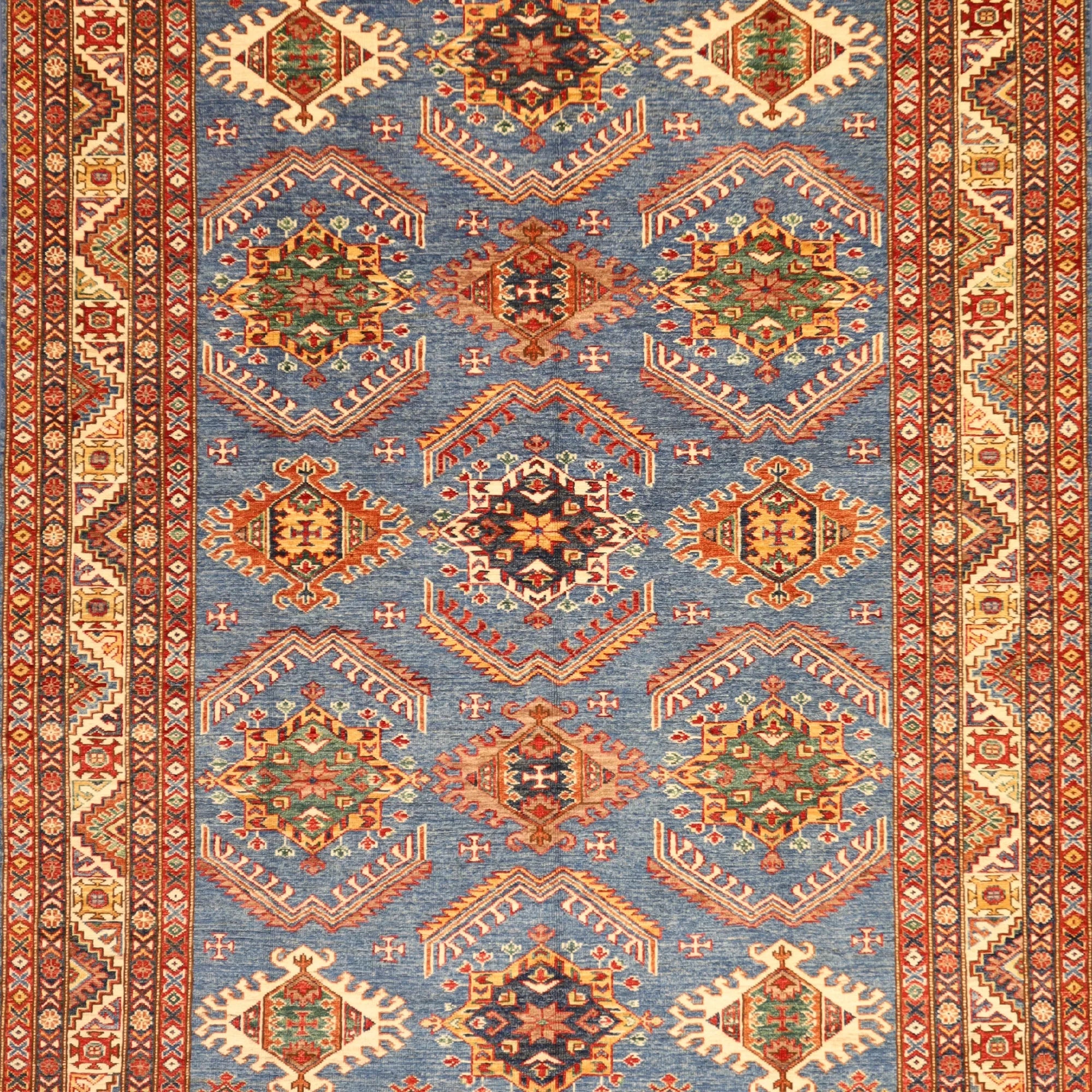 5' 11" x 8' 0" BLUE AND IVORY KAZAK GEOMETRIC PAKISTANI RUG