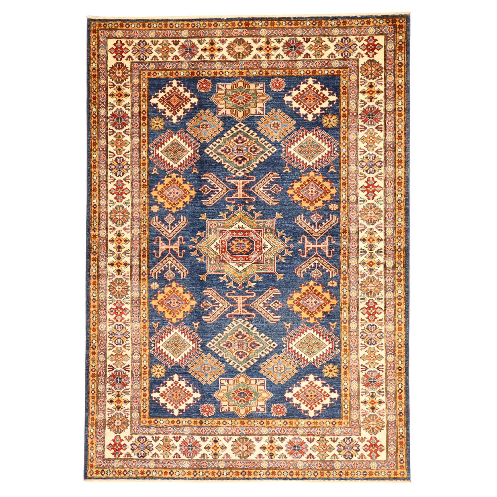 5' 8" x 8' 0" NAVY AND IVORY KAZAK GEOMETRIC PAKISTANI RUG