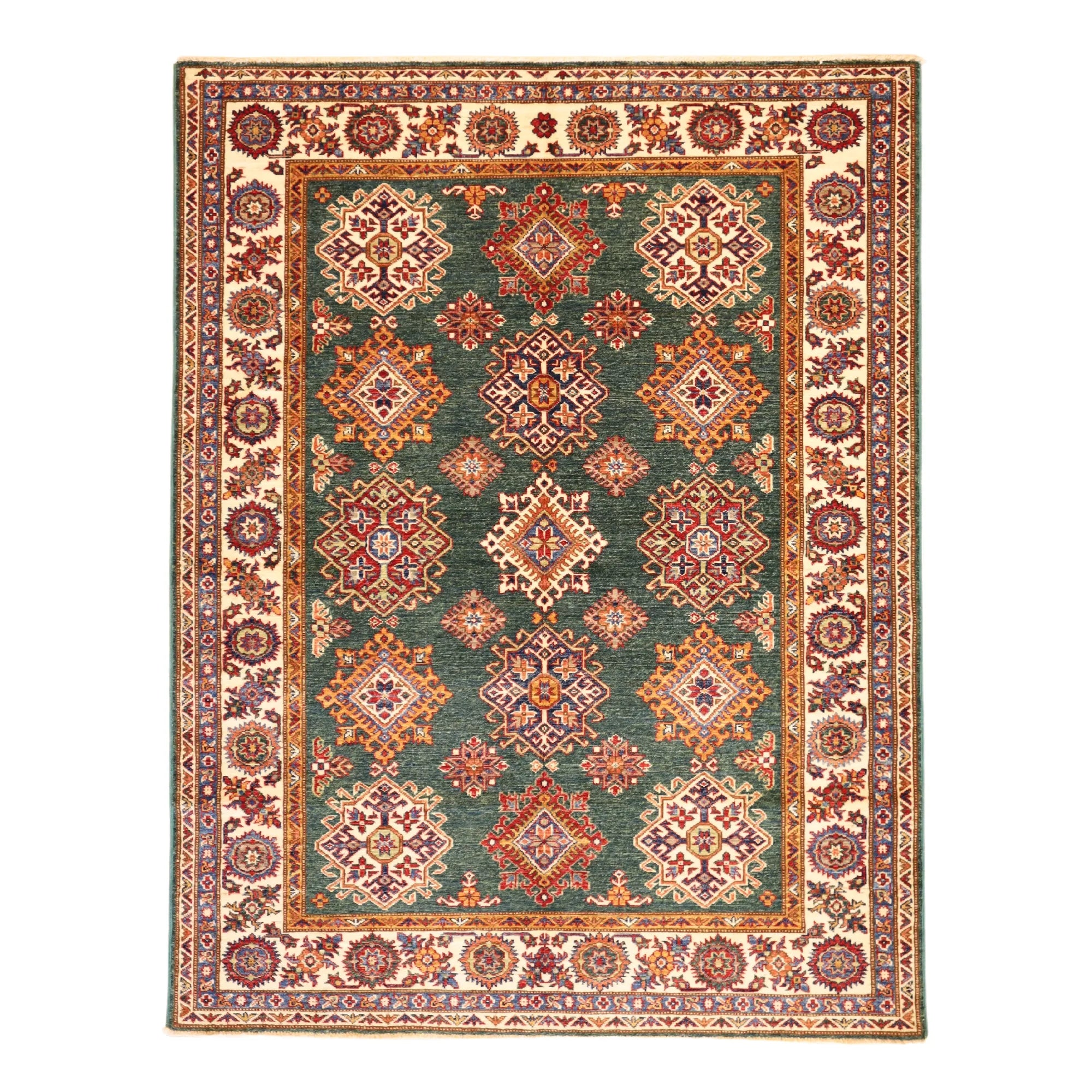 5' 2" x 6' 11" GREEN AND IVORY KAZAK GEOMETRIC PAKISTANI RUG