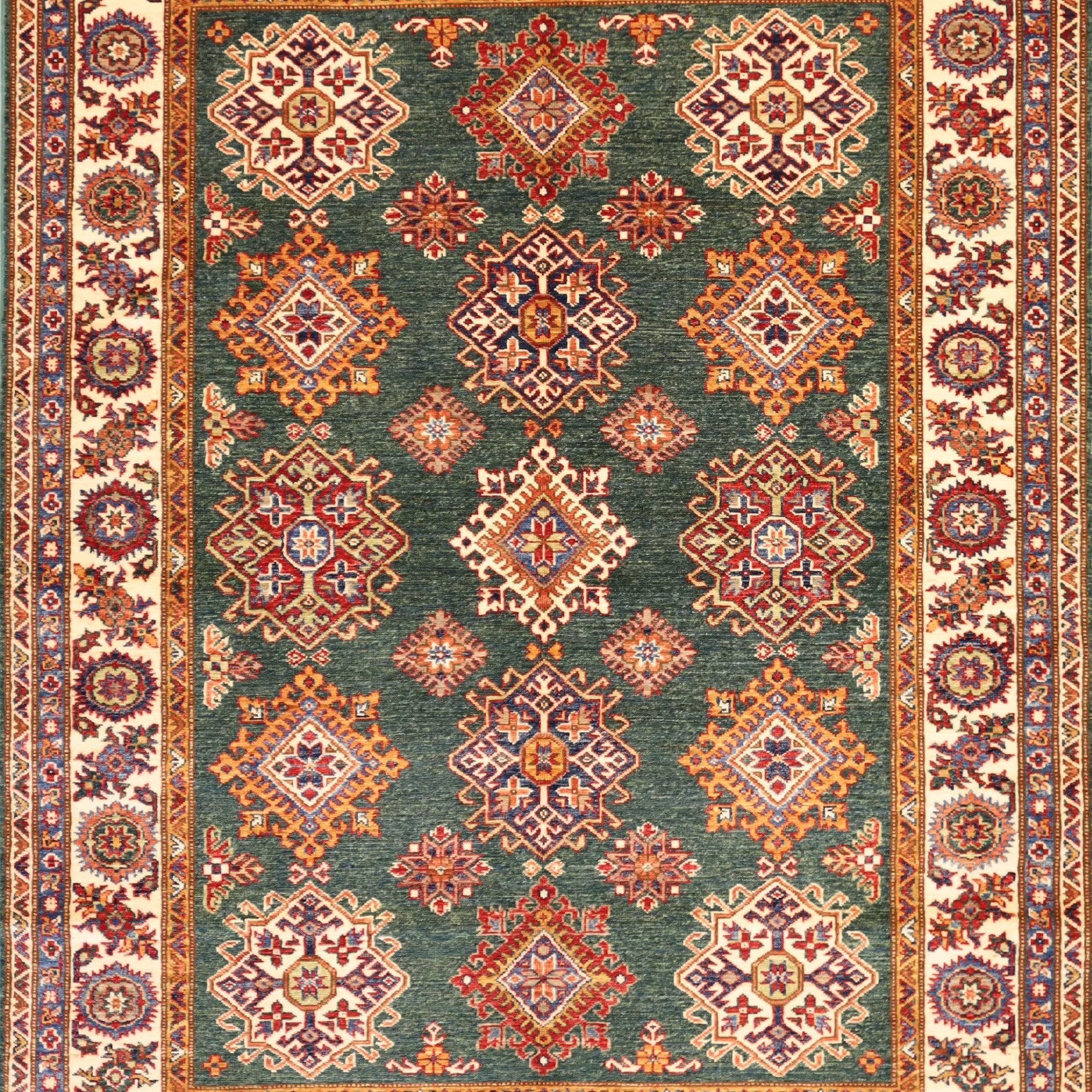5' 2" x 6' 11" GREEN AND IVORY KAZAK GEOMETRIC PAKISTANI RUG
