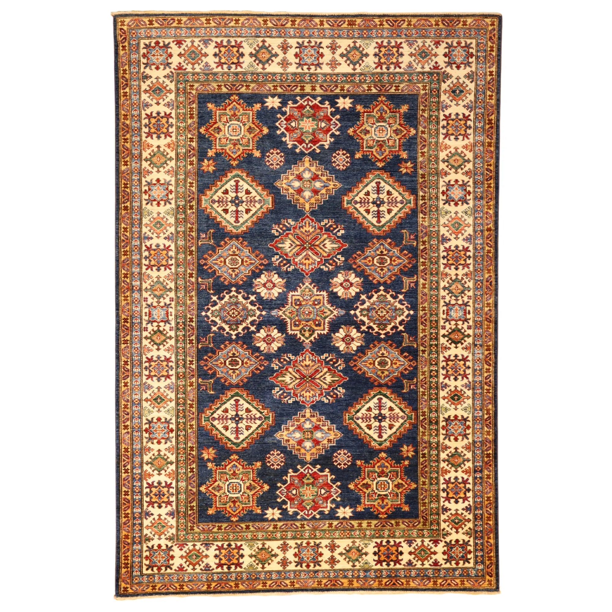 5' 7" x 8' 4" NAVY AND IVORY KAZAK GEOMETRIC PAKISTANI RUG