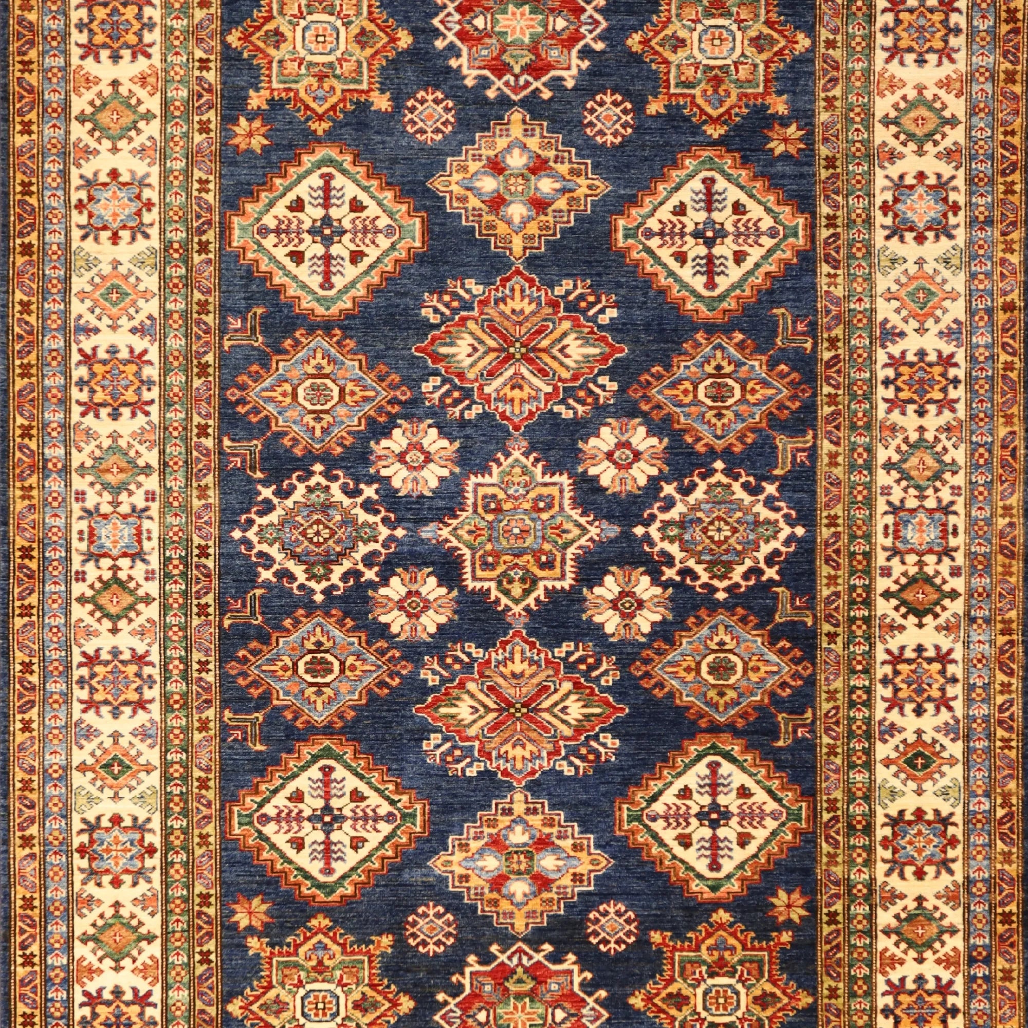 5' 7" x 8' 4" NAVY AND IVORY KAZAK GEOMETRIC PAKISTANI RUG