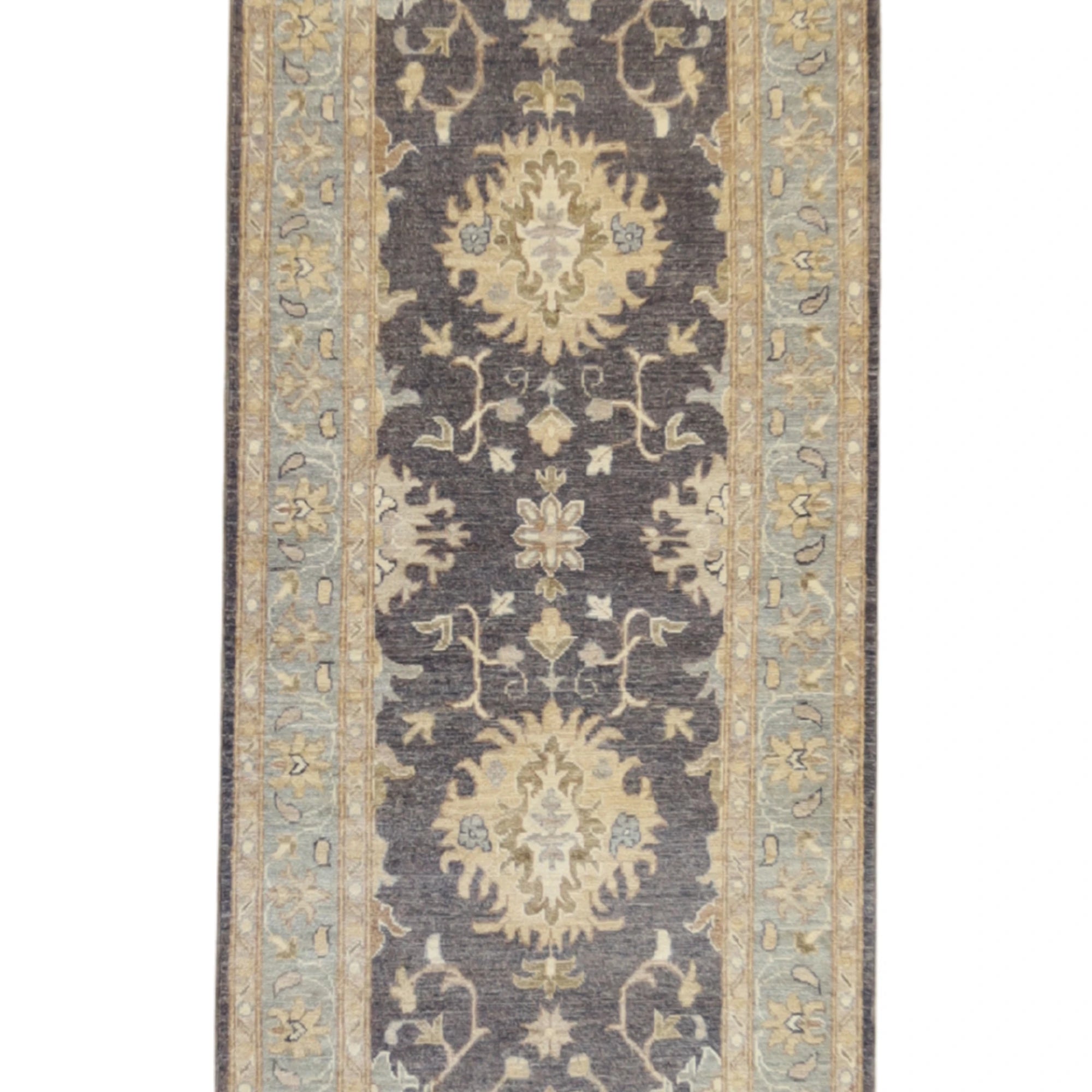 2'9" x 11'0" CHARCOAL AND BLUE PESHAWAR GEOMETRIC PAKISTANI RUG