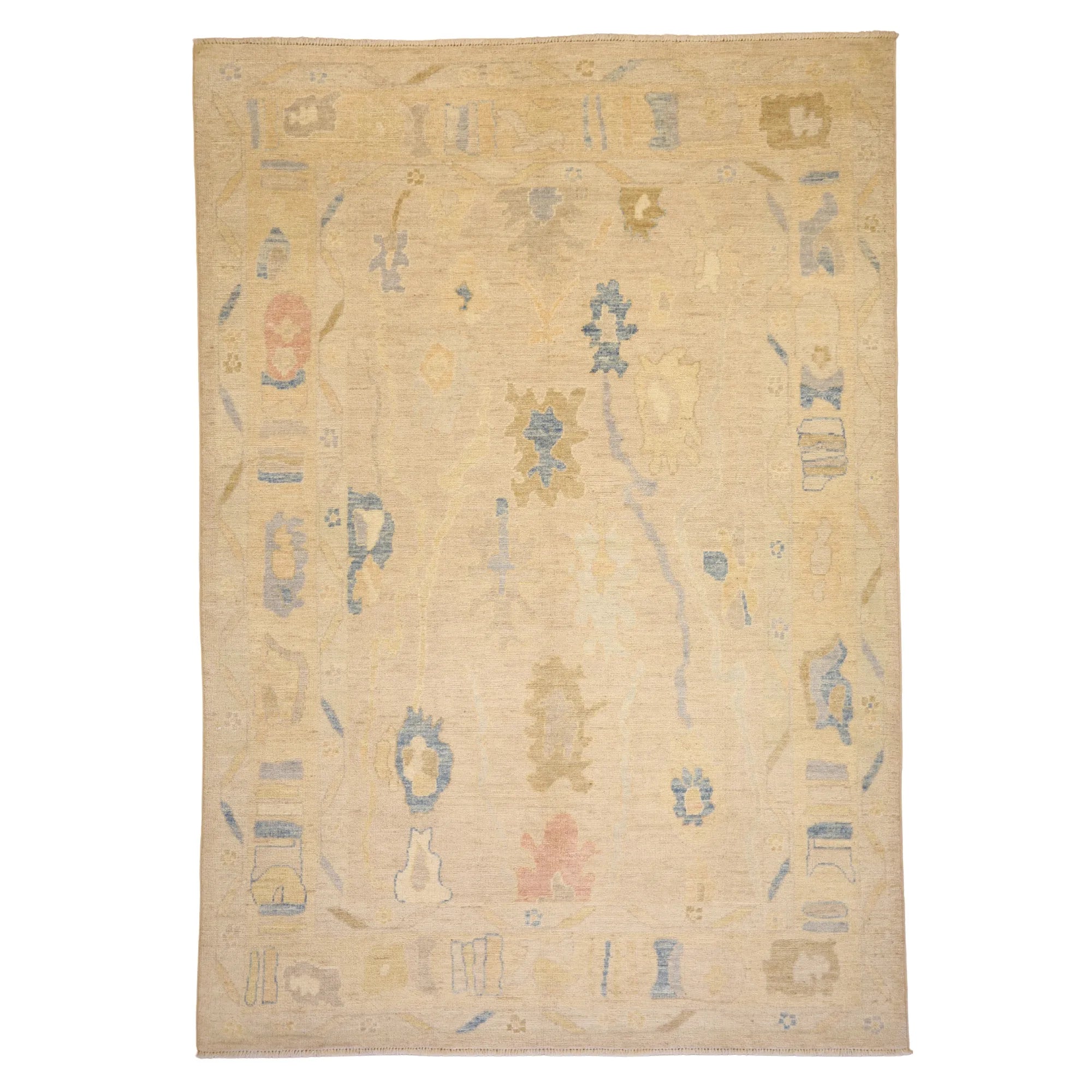 6' 3" x 8' 11" BEIGE AND BEIGE OUSHAK GEOMETRIC PAKISTANI RUG