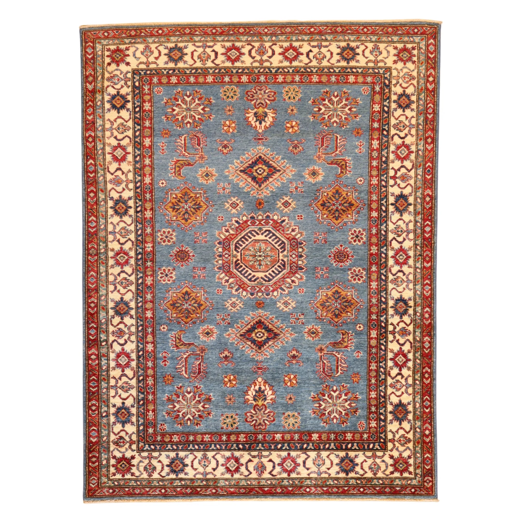 4' 11" x 6' 7" BLUE AND IVORY KAZAK GEOMETRIC PAKISTANI RUG