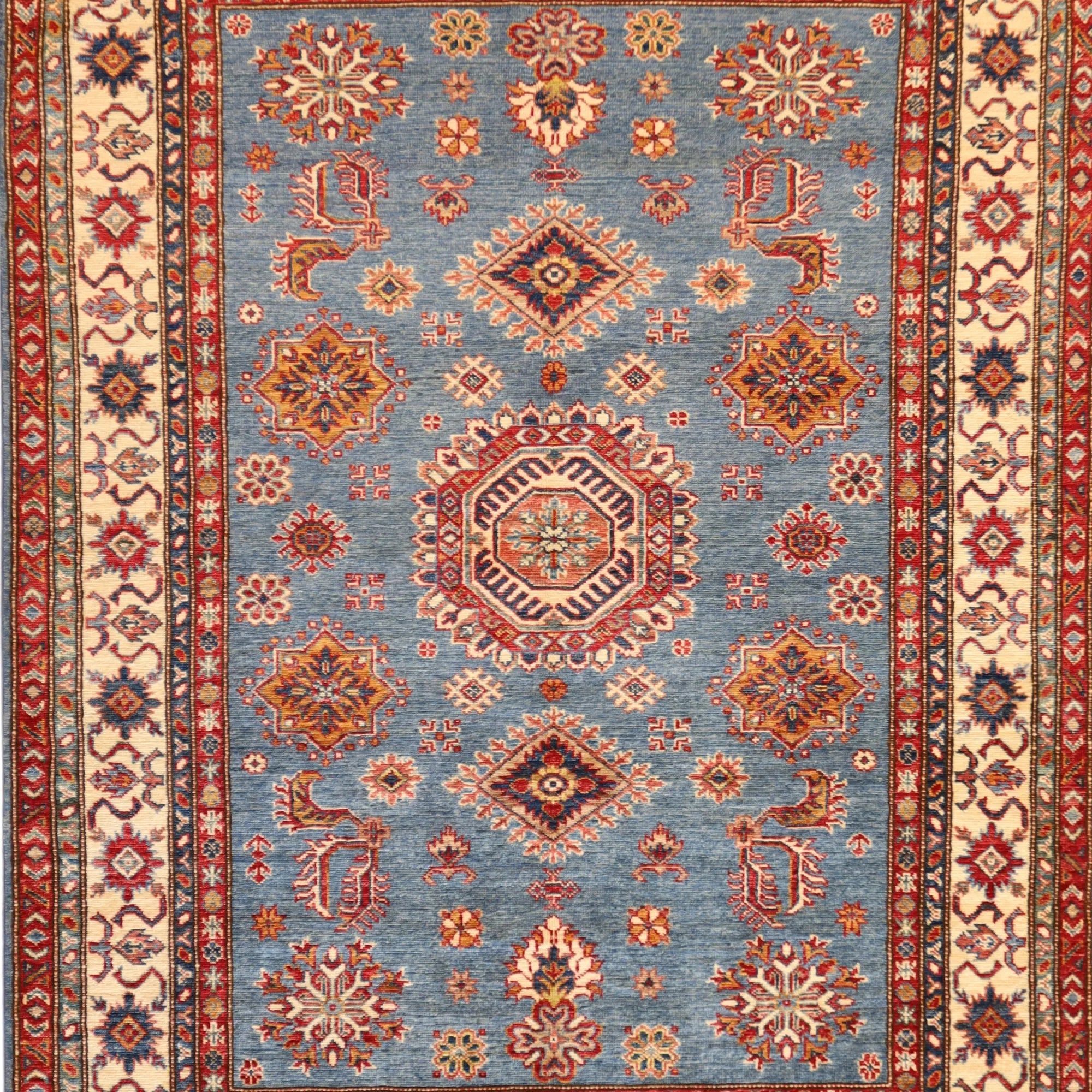 4' 11" x 6' 7" BLUE AND IVORY KAZAK GEOMETRIC PAKISTANI RUG